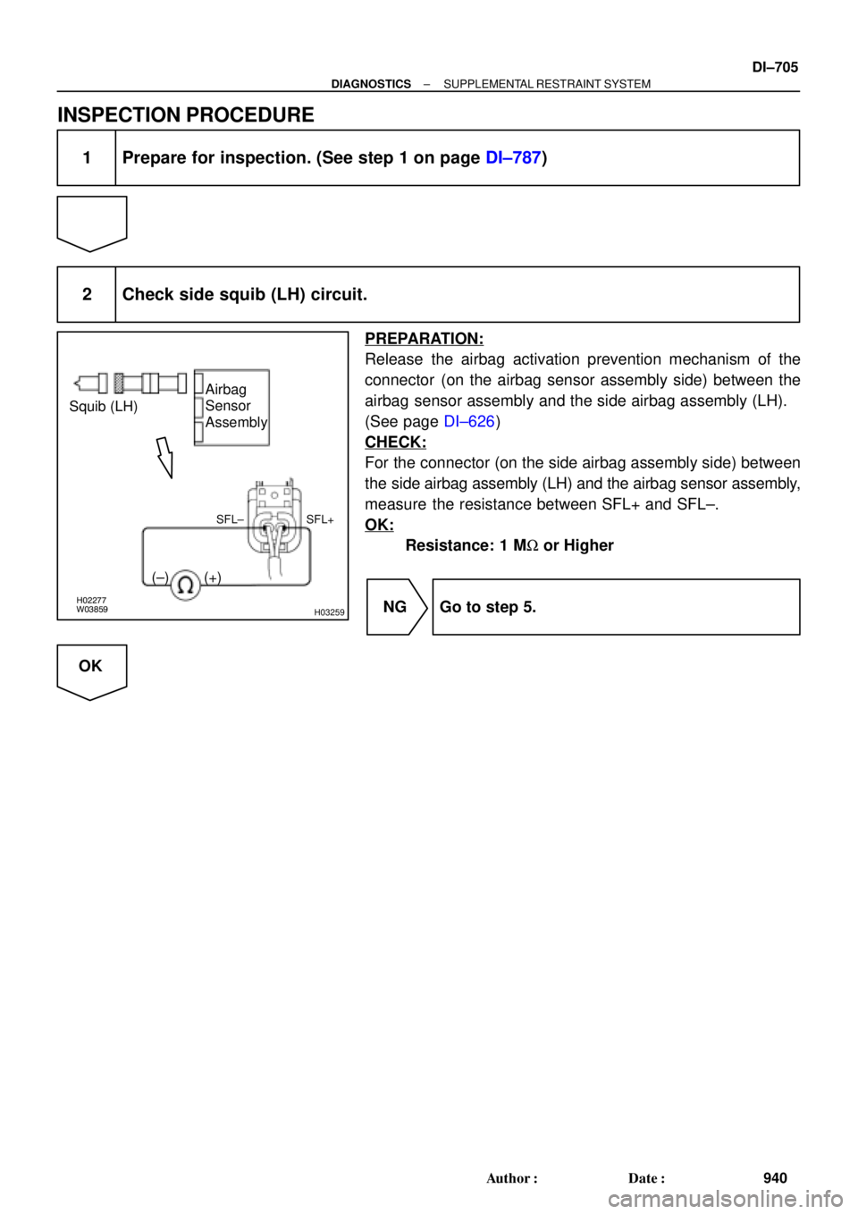 TOYOTA CAMRY 1999  Service Repair Manual W03859H02277H03259
Squib (LH)Airbag
Sensor
Assembly
SFL+
(±) (+)
SFL±
± DIAGNOSTICSSUPPLEMENTAL RESTRAINT SYSTEM
DI±705
940 Author: Date:
INSPECTION PROCEDURE
1 Prepare for inspection. (See step