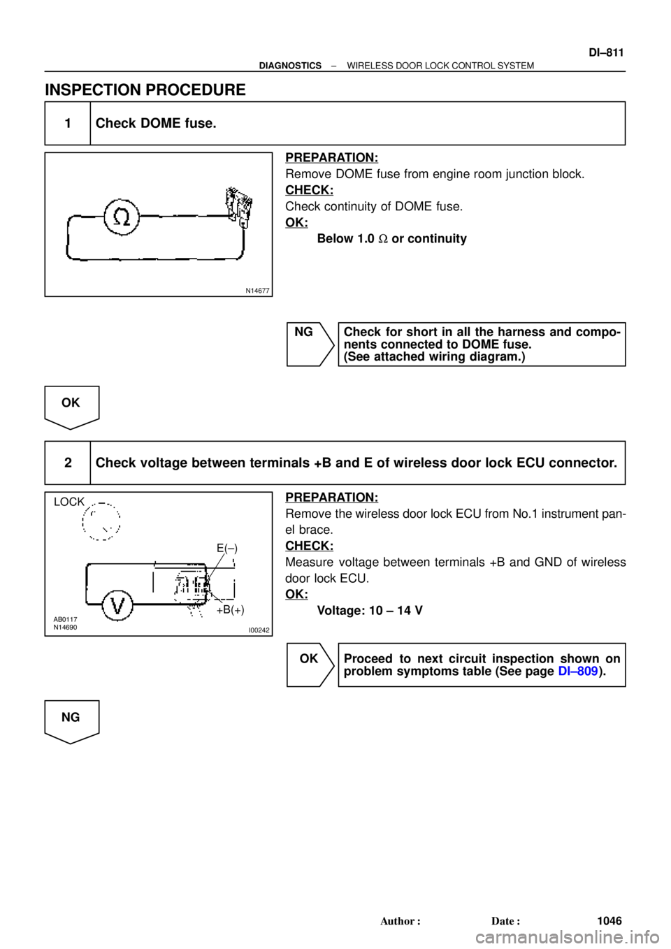 TOYOTA CAMRY 1999  Service Repair Manual N14677
AB0117
N14690
I00242
LOCK
E(±)
+B(+)
± DIAGNOSTICSWIRELESS DOOR LOCK CONTROL SYSTEM
DI±811
1046 Author: Date:
INSPECTION PROCEDURE
1 Check DOME fuse.
PREPARATION:
Remove DOME fuse from eng
