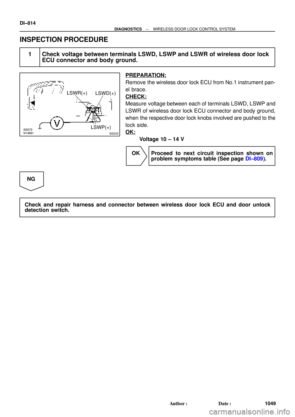 TOYOTA CAMRY 1999  Service Repair Manual I00273
N14691
I00243
LSWR(+)
LSWD(+)
LSWP(+)
DI±814
± DIAGNOSTICSWIRELESS DOOR LOCK CONTROL SYSTEM
1049 Author: Date:
INSPECTION PROCEDURE
1 Check voltage between terminals LSWD, LSWP and LSWR of 