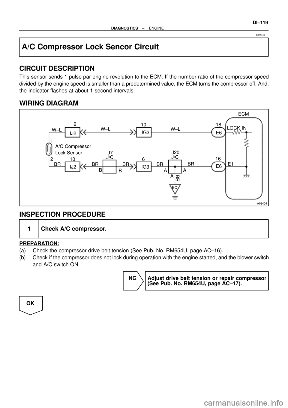TOYOTA CAMRY 1999  Service Repair Manual A09404
9
W±L
IJ2
E6 10
IG3
E6 18
LOCK IN
E1 16
EC
BRJ20
IJ210
BR 1
2A/C Compressor
Lock SensorECM
BR W±L
W±L
B
B BRJ/C
AA
A
BR
IG3 J7
6J/C
BR
± DIAGNOSTICSENGINE
DI±119
A/C Compressor Lock Sencor