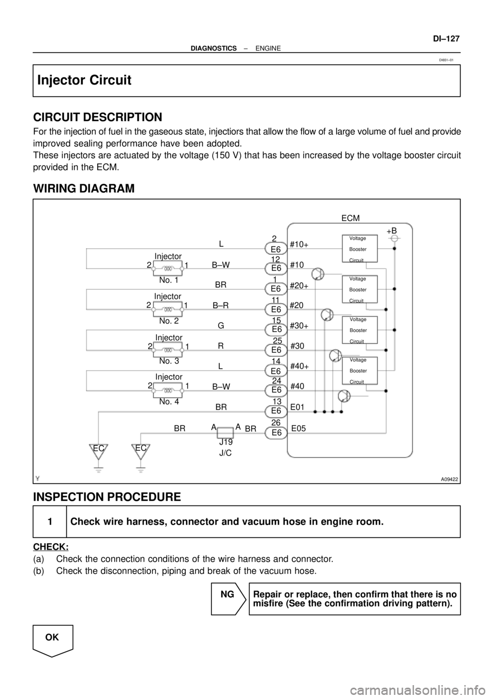 TOYOTA CAMRY 1999  Service Repair Manual A09422
#10
#20
#30
#40
E01
E05 E6
E6
E6
E6
E6
E6 12
11
25
24
13
26#10+
#20+
#30+
#40+ E6
E6
E6
E62
1
15
14
BR
BR
J19
J/CA
A Injector
1 2
Injector
1 2
Injector
1 2
Injector
1 2L
B±W
BR
B±R No. 1
No. 