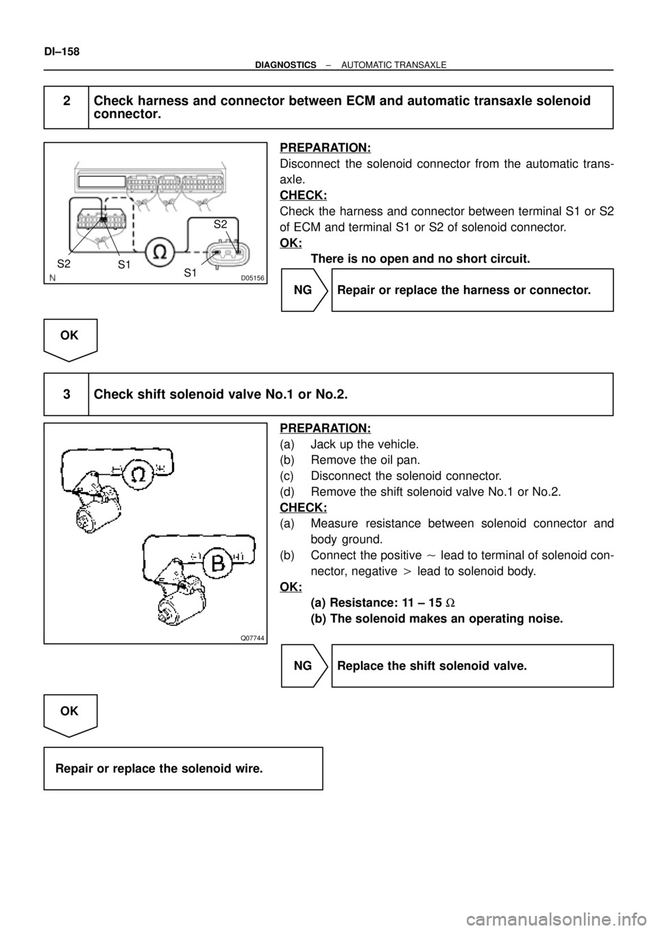 TOYOTA CAMRY 1999  Service Repair Manual D05156
S2
S1
S2
S1
Q07744
DI±158
± DIAGNOSTICSAUTOMATIC TRANSAXLE
2 Check harness and connector between ECM and automatic transaxle solenoid
connector.
PREPARATION:
Disconnect  the solenoid connecto