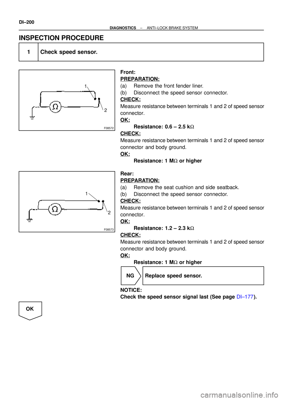 TOYOTA CAMRY 1999 Service Repair Manual F08572
1
2
F08573
1
2
DI±200
± DIAGNOSTICSANTI±LOCK BRAKE SYSTEM
INSPECTION PROCEDURE
1 Check speed sensor.
Front:
PREPARATION:
(a) Remove the front fender liner.
(b) Disconnect the speed sensor co TOYOTA CAMRY 1999 Service Repair Manual F08572
1
2
F08573
1
2
DI±200
± DIAGNOSTICSANTI±LOCK BRAKE SYSTEM
INSPECTION PROCEDURE
1 Check speed sensor.
Front:
PREPARATION:
(a) Remove the front fender liner.
(b) Disconnect the speed sensor co