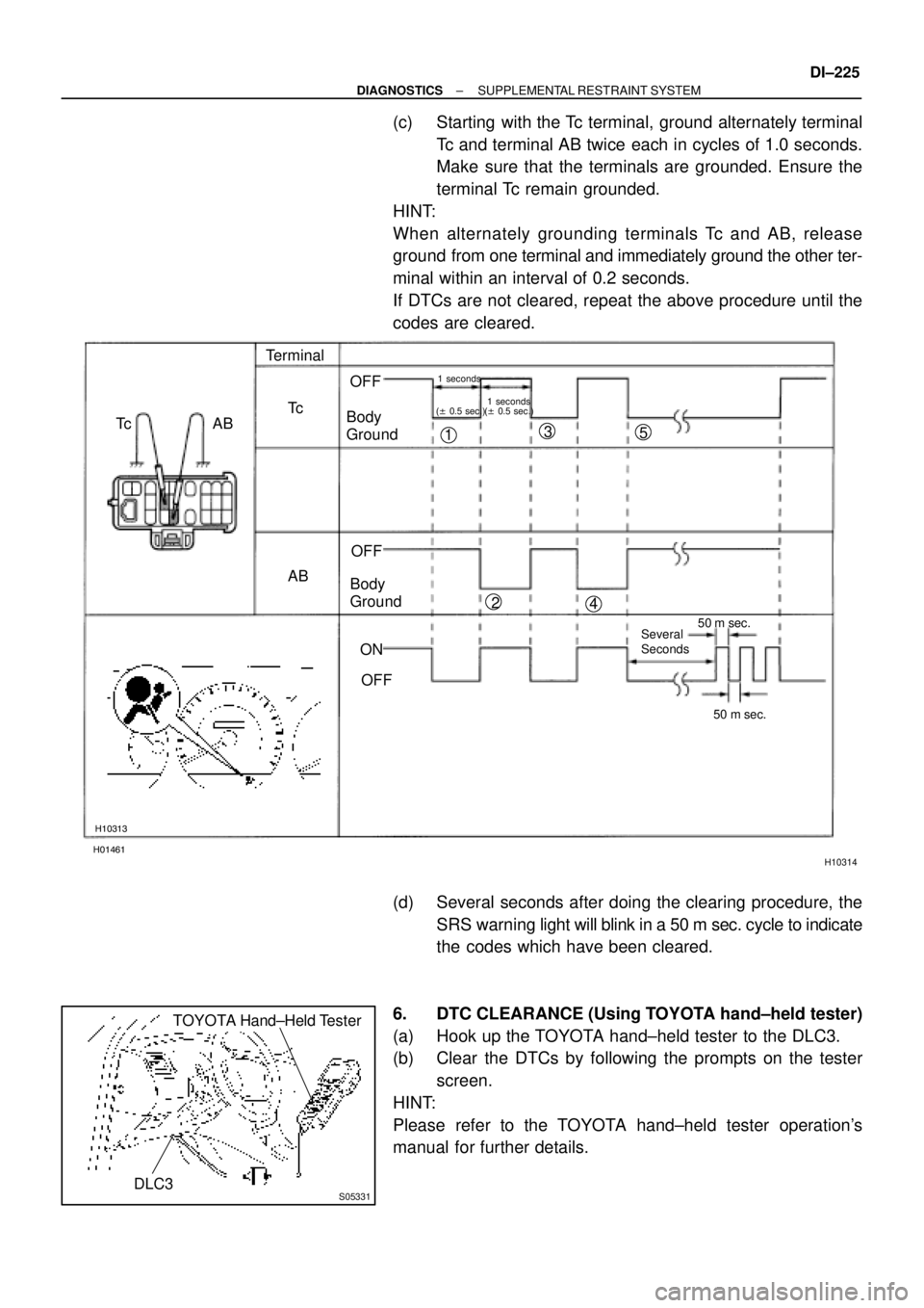 TOYOTA CAMRY 1999 Service Repair Manual H01461
H10313
H10314
ABTerminal
Tc
ABOFF
Body
Ground
OFF
ON
OFF
Several
Seconds50 m sec.
50 m sec.
1 seconds
(± 0.5 sec.)
Tc
Body
Ground
1 seconds
(± 0.5 sec.)
1
23
45
S05331
TOYOTA Hand±Held Tes TOYOTA CAMRY 1999 Service Repair Manual H01461
H10313
H10314
ABTerminal
Tc
ABOFF
Body
Ground
OFF
ON
OFF
Several
Seconds50 m sec.
50 m sec.
1 seconds
(± 0.5 sec.)
Tc
Body
Ground
1 seconds
(± 0.5 sec.)
1
23
45
S05331
TOYOTA Hand±Held Tes