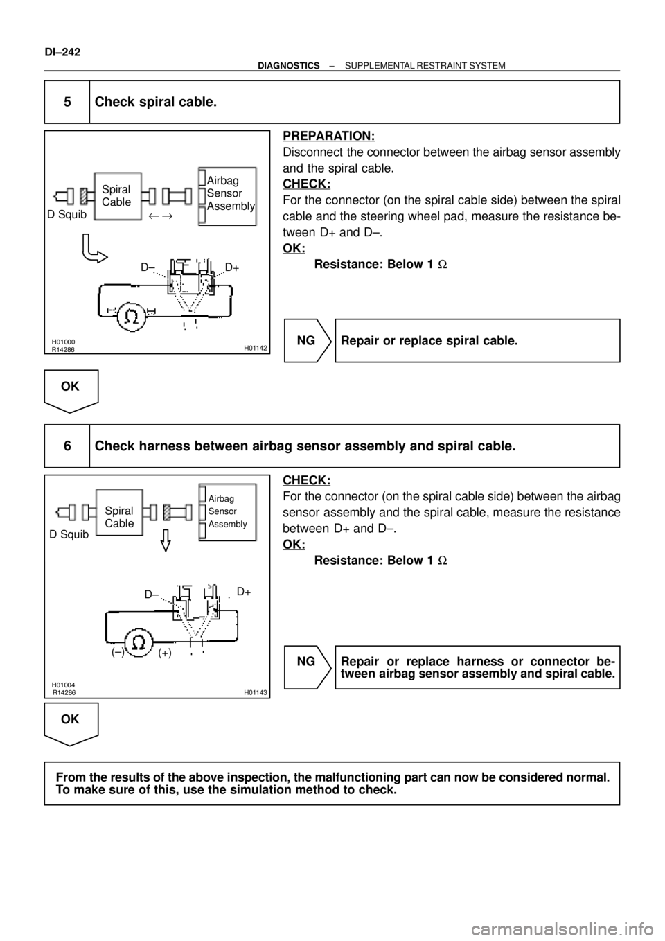 TOYOTA CAMRY 1999  Service Repair Manual R14286H01000H01142
D SquibAirbag
Sensor
Assembly
D+ u"
D± Spiral
Cable
H01004R14286H01143
D SquibSpiral
Cable
Airbag
Sensor
Assembly
D+
(±)
(+)D±
DI±242
± DIAGNOSTICSSUPPLEMENTAL RESTRAINT SYSTEM