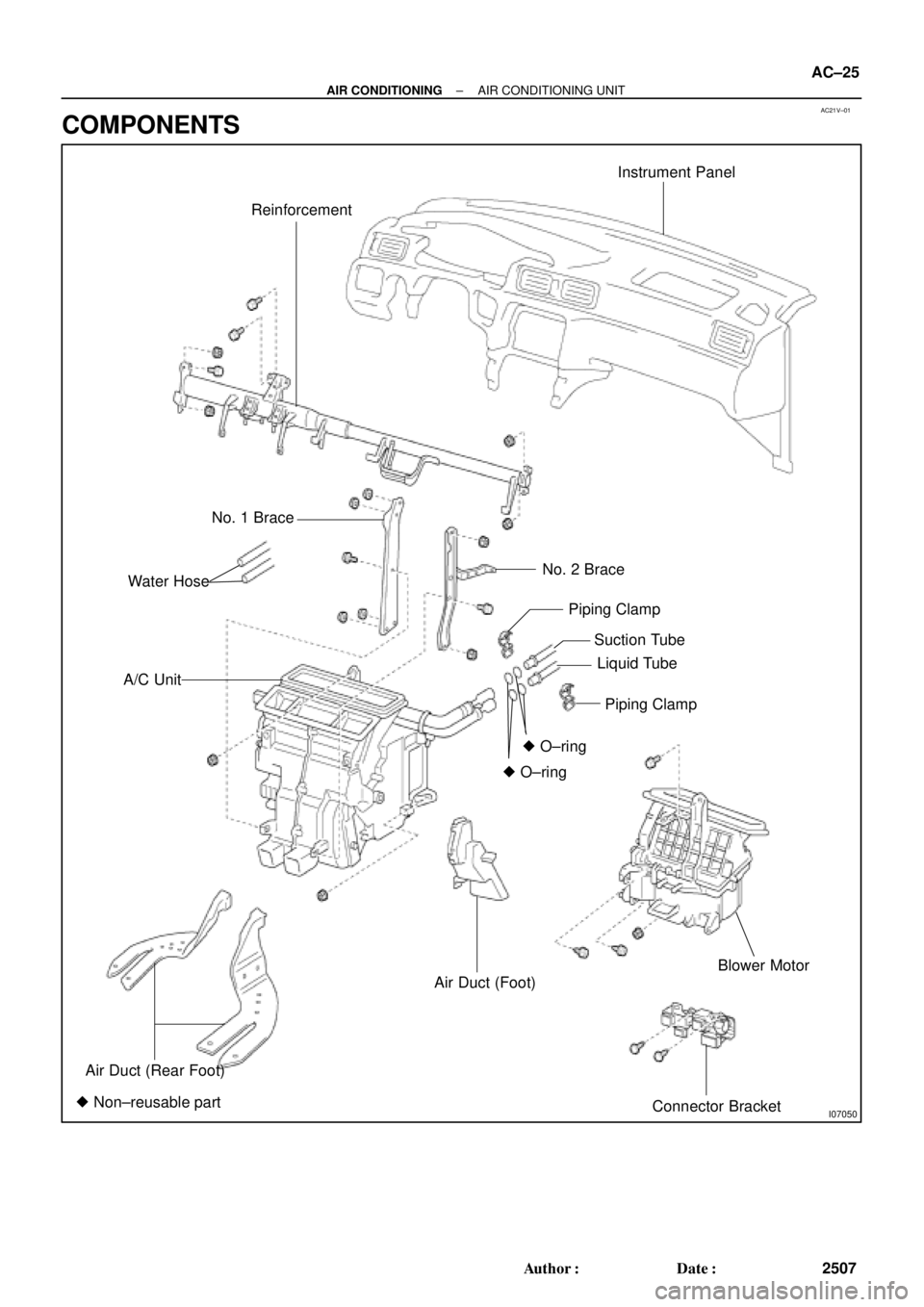 TOYOTA CAMRY 1999  Service Owners Manual AC21V±01
I07050
ReinforcementInstrument Panel
No. 1 Brace
No. 2 Brace
A/C Unit
Piping Clamp
Suction Tube
Liquid Tube
Piping Clamp
 O±ring O±ring
Air Duct (Rear Foot)
Air Duct (Foot)Blower Motor
C