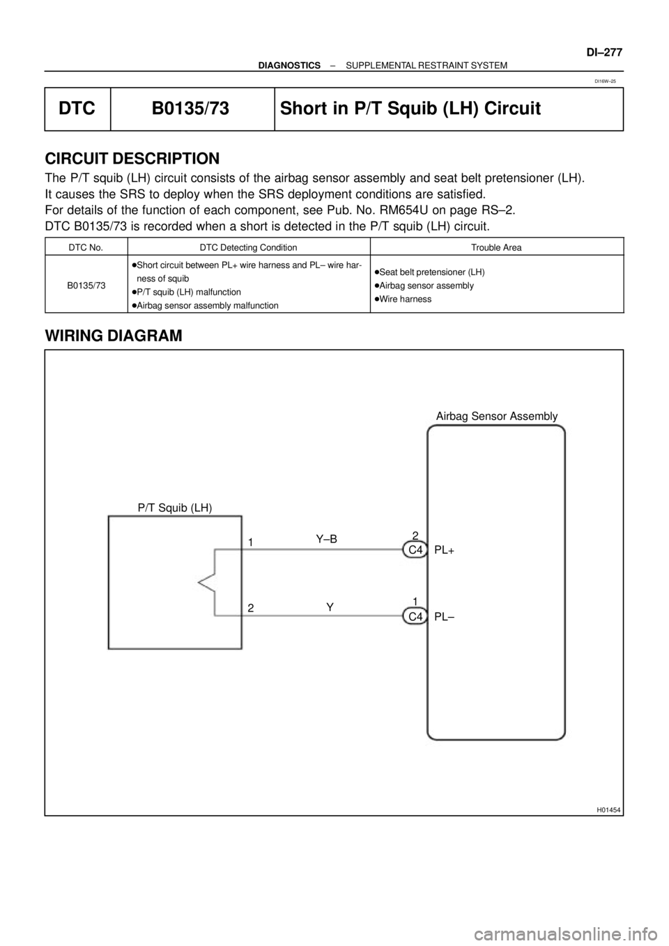 TOYOTA CAMRY 1999  Service Repair Manual H01454
P/T Squib (LH)Airbag Sensor Assembly
PL+
PL± Y±B
Y 1
21 2
C4
C4
± DIAGNOSTICSSUPPLEMENTAL RESTRAINT SYSTEM
DI±277
DTC B0135/73 Short in P/T Squib (LH) Circuit
CIRCUIT DESCRIPTION
The P/T sq