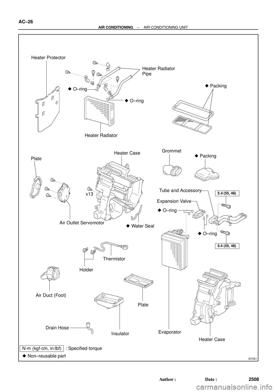 TOYOTA CAMRY 1999  Service Owners Manual I07051
Heater Protector
Heater Radiator
Pipe
 Packing
 O±ring
 O±ring
Heater Radiator
Plate
Heater CaseGrommet
 Packing
x13
Air Outlet Servomotor Water Seal
Air Duct (Foot)
Holder
Thermistor
5.