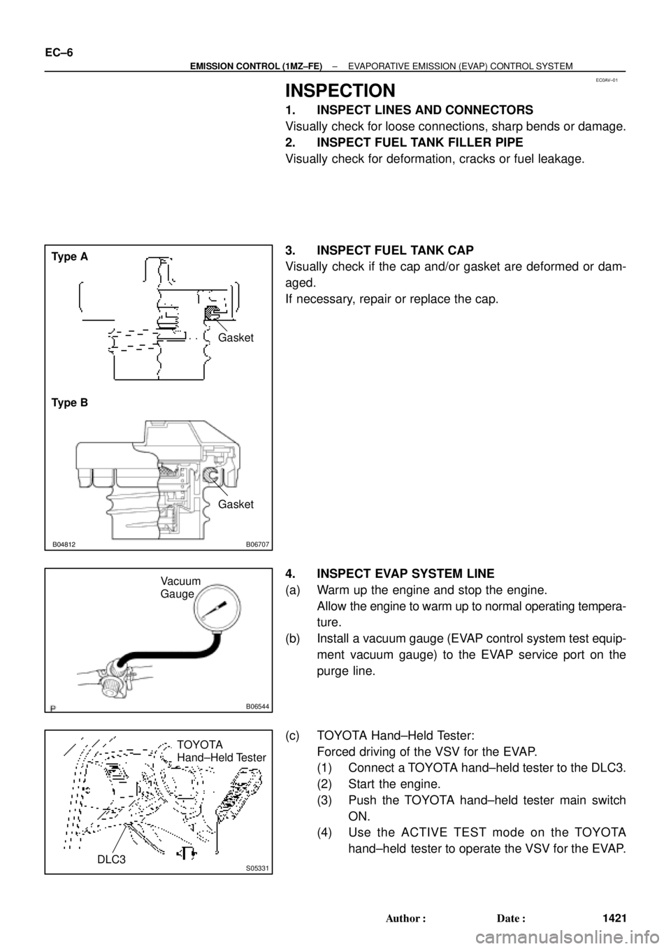 TOYOTA CAMRY 1999  Service Repair Manual EC0AV±01
B01082B04812B06707
Type A
Type BGasket
Gasket
B06544
Vacuum
Gauge
S05331
TOYOTA
Hand±Held Tester
DLC3
EC±6
± EMISSION CONTROL (1MZ±FE)EVAPORATIVE EMISSION (EVAP) CONTROL SYSTEM
1421 Auth