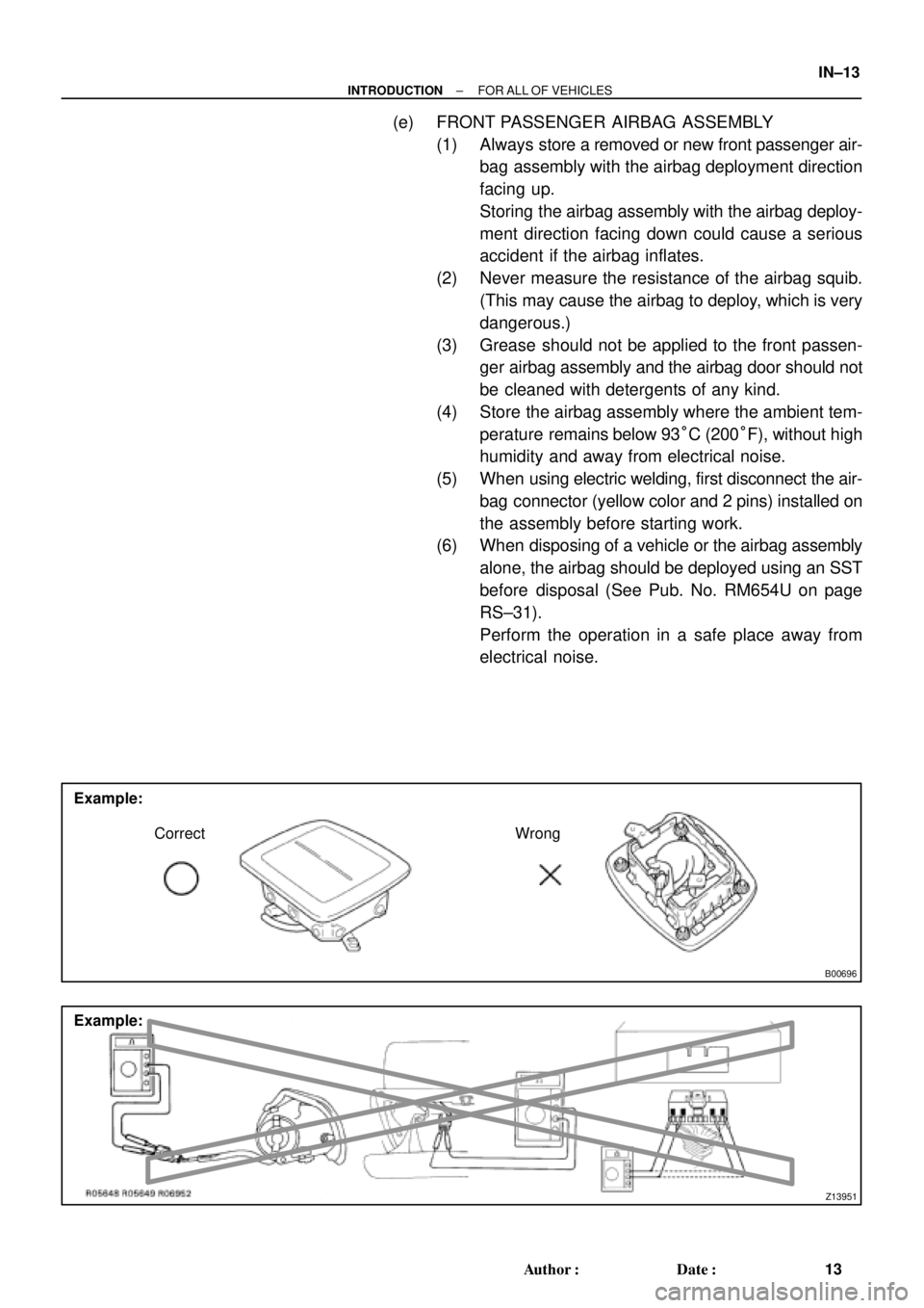 TOYOTA CAMRY 1999  Service Repair Manual B00696
Example:
Correct Wrong
Z13951
Example:
± INTRODUCTIONFOR ALL OF VEHICLES
IN±13
13 Author: Date:
(e) FRONT PASSENGER AIRBAG ASSEMBLY
(1) Always store a removed or new front passenger air-
ba