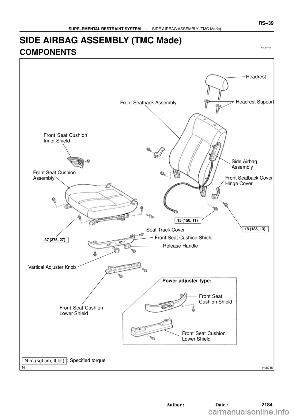 TOYOTA CAMRY 1999  Service Repair Manual RS05G±02
H08245
Headrest
Headrest Support
Side Airbag 
Assembly
Front Seatback Cover
Hinge Cover
Front Seat Cushion Shield
Release Handle
Power adjuster type:
Front Seat 
Cushion Shield
Front Seat Cu