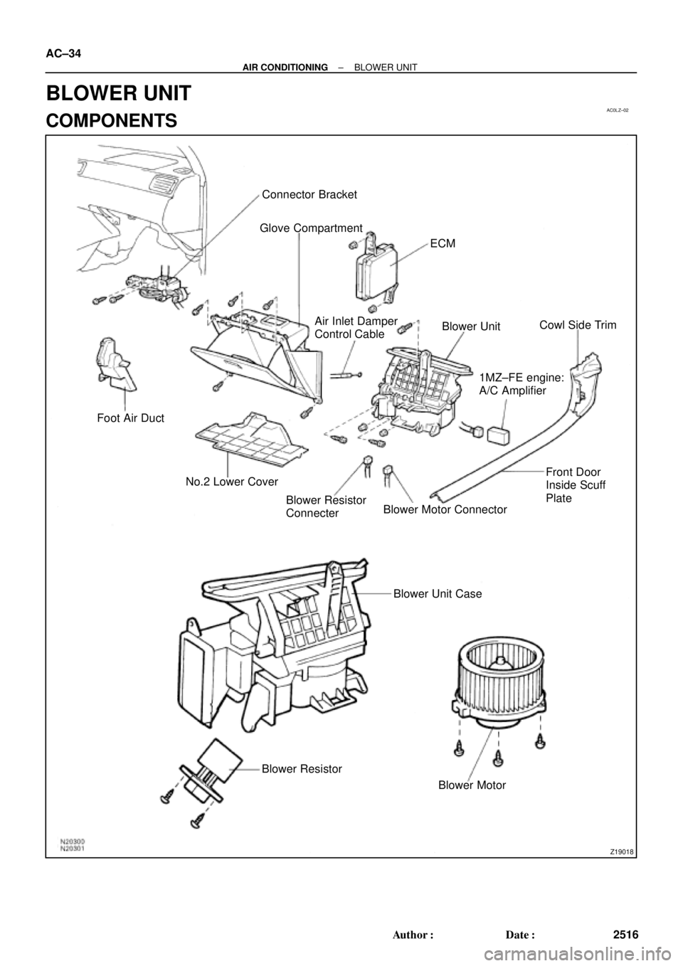 TOYOTA CAMRY 1999  Service Owners Guide AC0LZ±02
Z19018
Connector Bracket
Glove Compartment
ECM
Foot Air Duct
No.2 Lower CoverBlower UnitCowl Side Trim
Blower Motor Connector
Blower Motor Blower Unit Case Air Inlet Damper
Control Cable
1MZ
