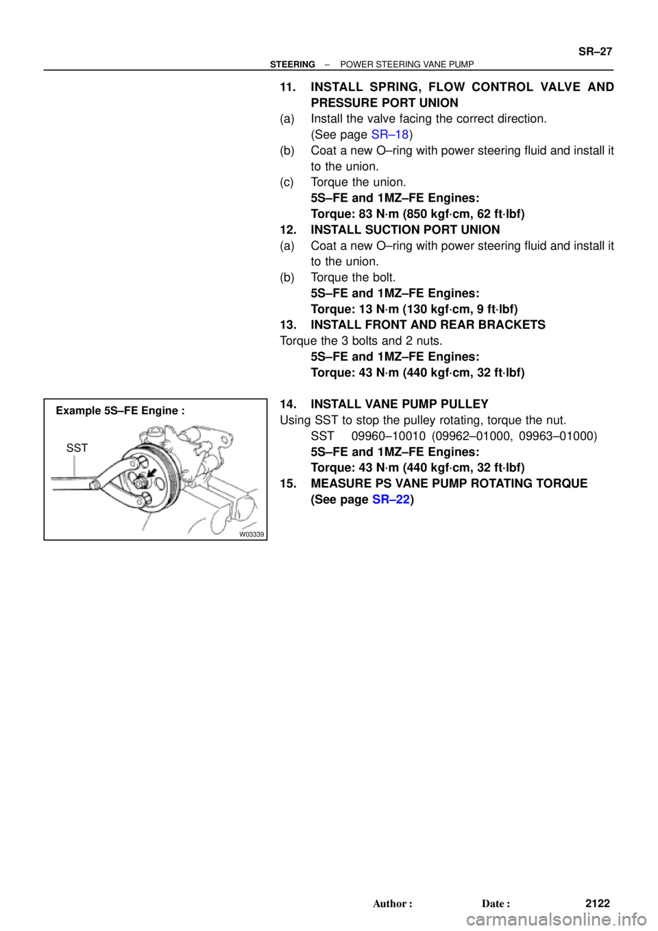 TOYOTA CAMRY 1999  Service Repair Manual W03339
Example 5S±FE Engine :
SST
± STEERINGPOWER STEERING VANE PUMP
SR±27
2122 Author: Date:
11. INSTALL SPRING, FLOW CONTROL VALVE AND
PRESSURE PORT UNION
(a) Install the valve facing the corre