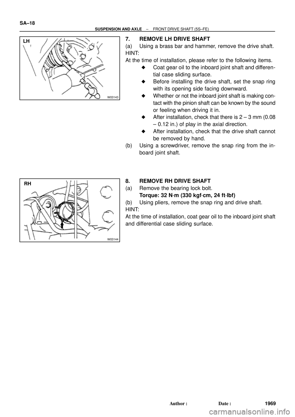 TOYOTA CAMRY 1999  Service Repair Manual W03143
LH
W03144
RH SA±18
± SUSPENSION AND AXLEFRONT DRIVE SHAFT (5S±FE)
1969 Author: Date:
7. REMOVE LH DRIVE SHAFT
(a) Using a brass bar and hammer, remove the drive shaft.
HINT:
At the time of