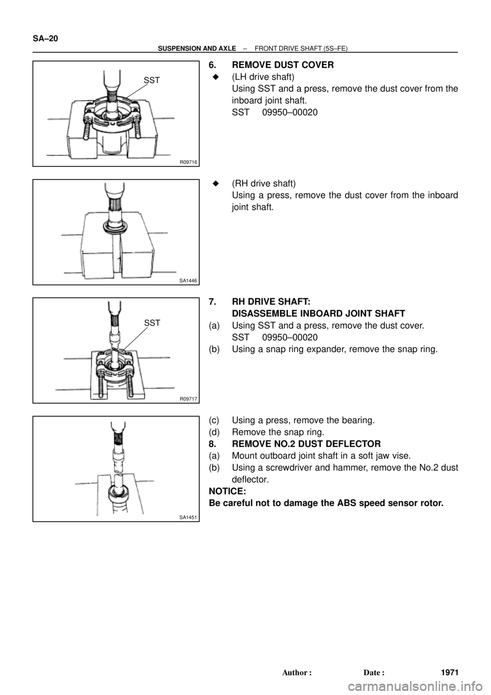 TOYOTA CAMRY 1999  Service Repair Manual R09716
SST
SA1446
R09717
SST
SA1451
SA±20
± SUSPENSION AND AXLEFRONT DRIVE SHAFT (5S±FE)
1971 Author: Date:
6. REMOVE DUST COVER
(LH drive shaft)
Using SST and a press, remove the dust cover fro