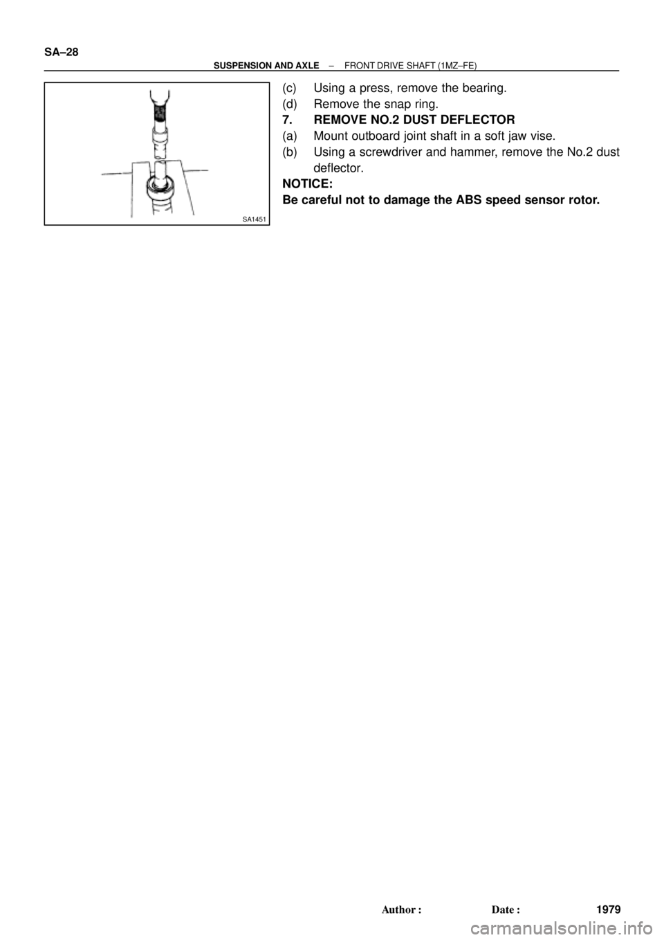 TOYOTA CAMRY 1999  Service Repair Manual SA1451
SA±28
± SUSPENSION AND AXLEFRONT DRIVE SHAFT (1MZ±FE)
1979 Author: Date:
(c) Using a press, remove the bearing.
(d) Remove the snap ring.
7. REMOVE NO.2 DUST DEFLECTOR
(a) Mount outboard j