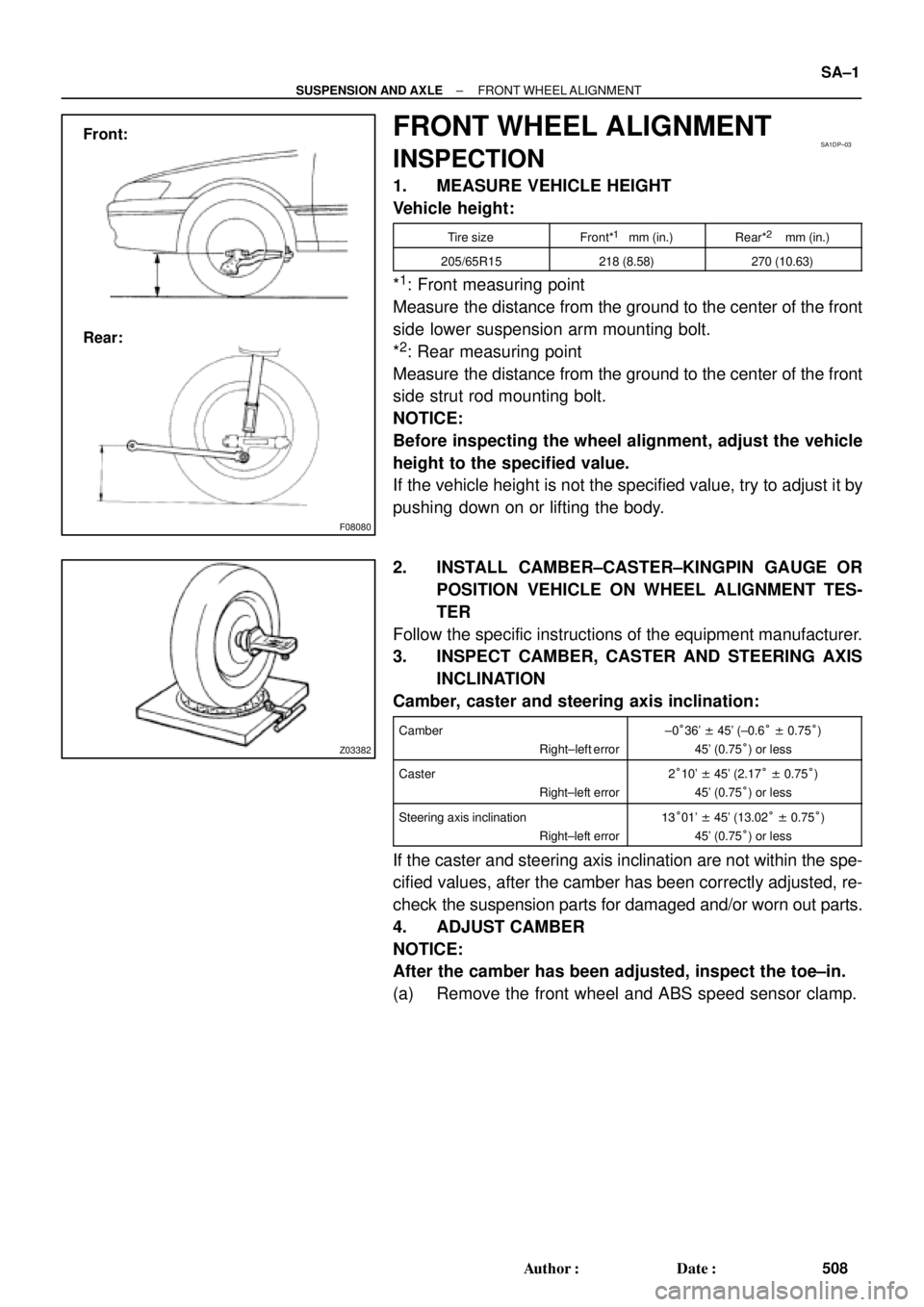 TOYOTA CAMRY 1999  Service Repair Manual F08080
Front:
Rear:SA1DP±03
Z03382
± SUSPENSION AND AXLEFRONT WHEEL ALIGNMENT
SA±1
508 Author: Date:
FRONT WHEEL ALIGNMENT
INSPECTION
1. MEASURE VEHICLE HEIGHT
Vehicle height:
Tire sizeFront*1   