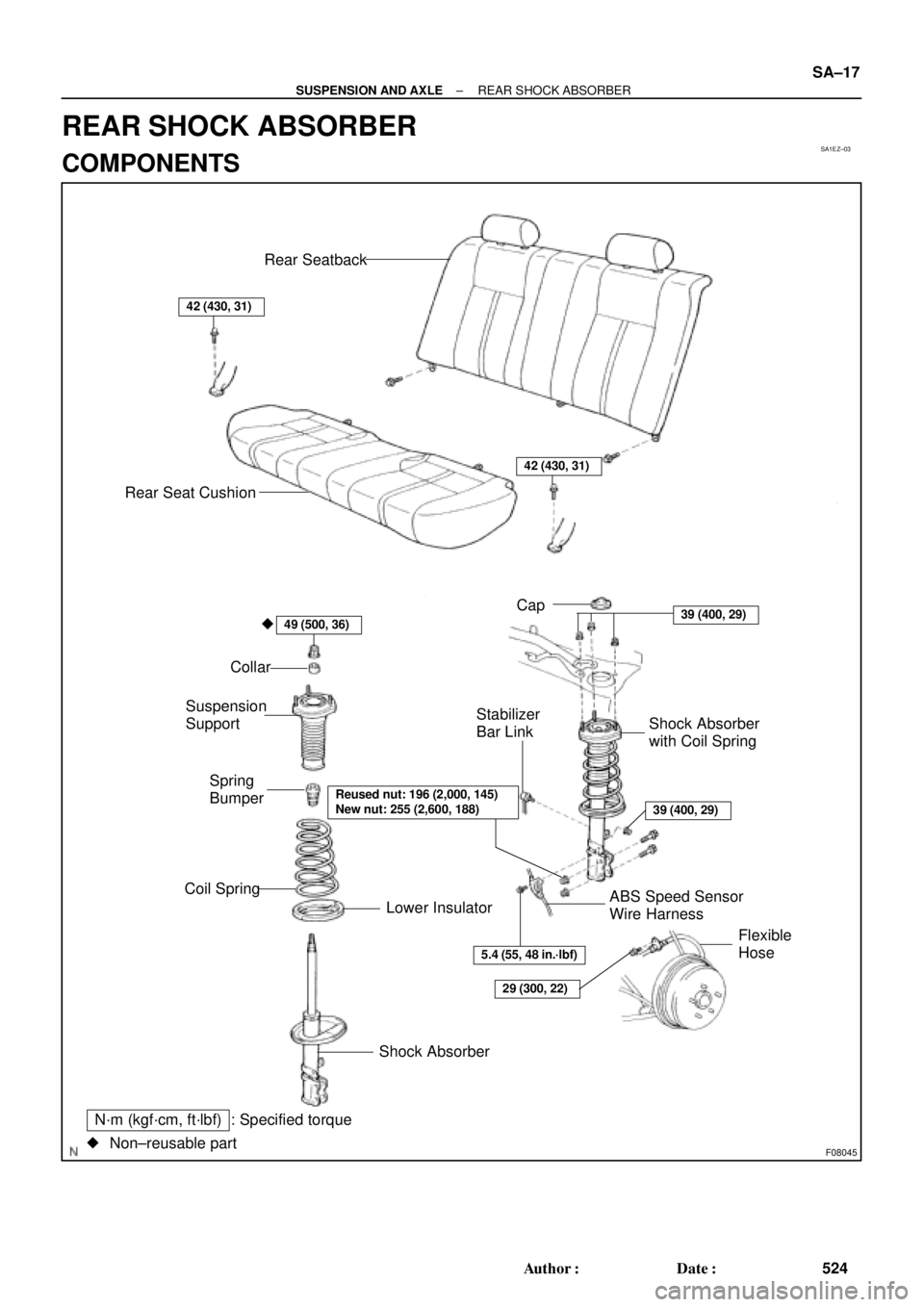 TOYOTA CAMRY 1999  Service Repair Manual SA1EZ±03
F08045
: Specified torqueN´m (kgf´cm, ft´lbf)
Non±reusable part Cap
Shock Absorber
42 (430, 31)
39 (400, 29)
Shock Absorber
with Coil Spring
39 (400, 29)
Stabilizer
Bar Link
42 (430, 31