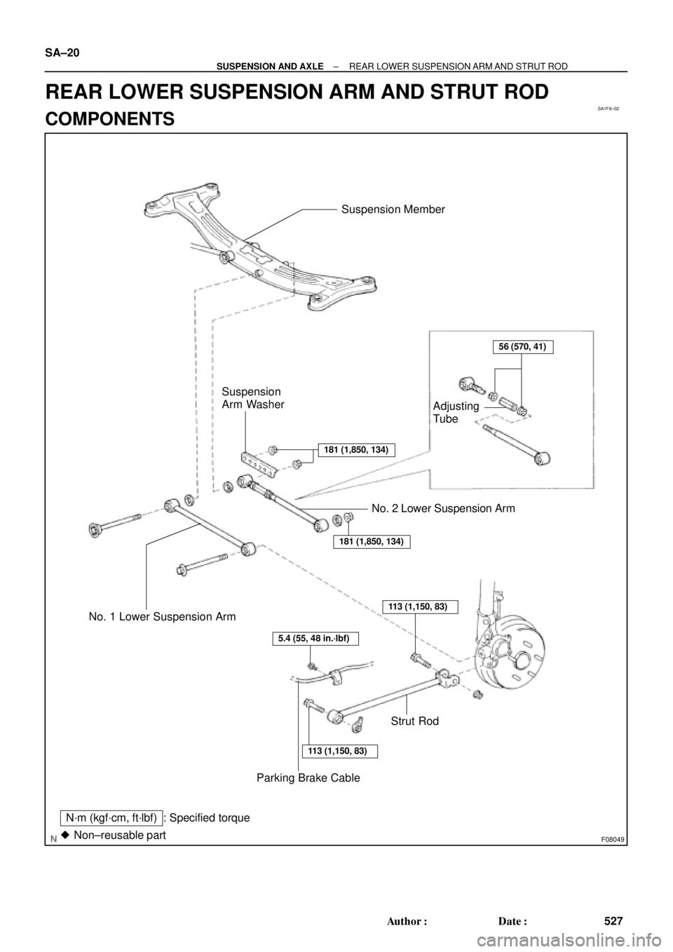 TOYOTA CAMRY 1999  Service Repair Manual SA1F6±02
F08049
N´m (kgf´cm, ft´lbf) : Specified torque
Non±reusable part 
56 (570, 41)
181 (1,850, 134)
181 (1,850, 134)
113 (1,150, 83)
5.4 (55, 48 in.´lbf)
113 (1,150, 83)
Suspension Member
