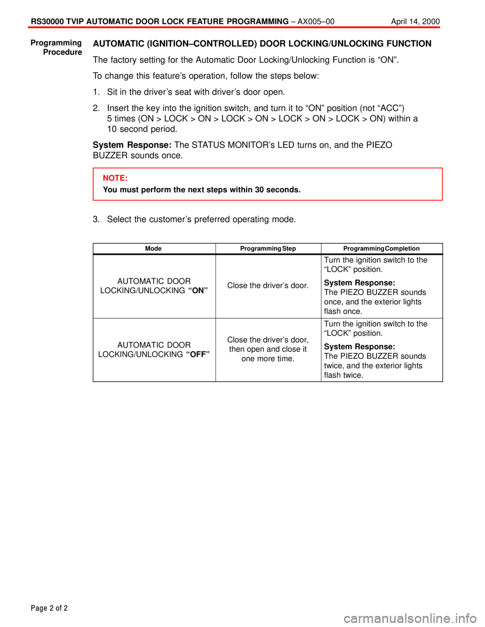 TOYOTA CAMRY 1999 Service Repair Manual RS30000 TVIP AUTOMATIC DOOR LOCK FEATURE PROGRAMMING ± AX005±00 April 14, 2000
Page 2 of 2
AUTOMATIC (IGNITION±CONTROLLED) DOOR LOCKING/UNLOCKING FUNCTION
The factory setting for the Automatic Door TOYOTA CAMRY 1999 Service Repair Manual RS30000 TVIP AUTOMATIC DOOR LOCK FEATURE PROGRAMMING ± AX005±00 April 14, 2000
Page 2 of 2
AUTOMATIC (IGNITION±CONTROLLED) DOOR LOCKING/UNLOCKING FUNCTION
The factory setting for the Automatic Door