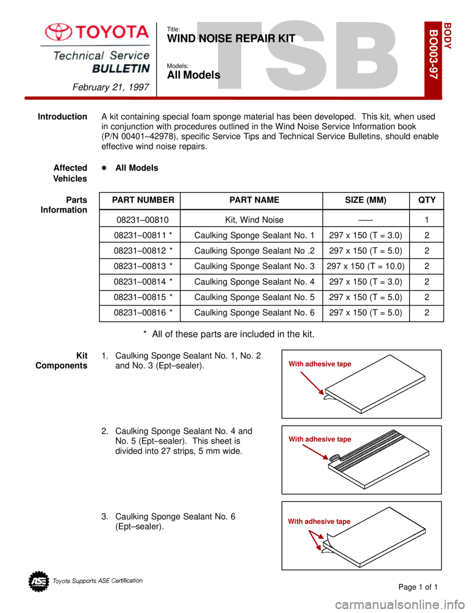 TOYOTA CAMRY 1999  Service Repair Manual TSB
IntroductionA kit containing special foam sponge material has been developed.  This kit, when used
in conjunction with procedures outlined in the Wind Noise Service Information book    
(P/N 00401