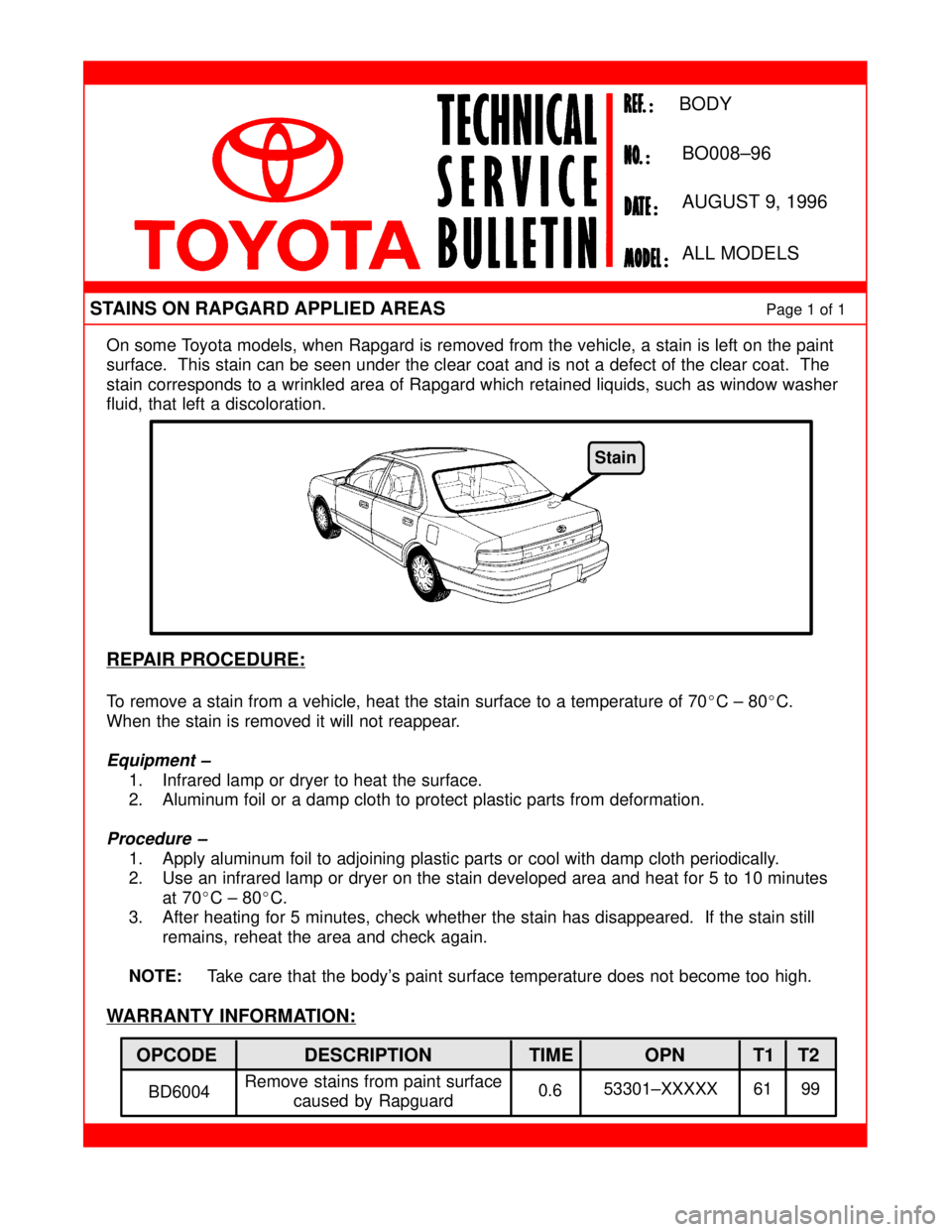 TOYOTA CAMRY 1999 Service Repair Manual On some Toyota models, when Rapgard is removed from the vehicle, a stain is left on the paint
surface. This stain can be seen under the clear coat and is not a defect of the clear coat. The
stain co TOYOTA CAMRY 1999 Service Repair Manual On some Toyota models, when Rapgard is removed from the vehicle, a stain is left on the paint
surface. This stain can be seen under the clear coat and is not a defect of the clear coat. The
stain co