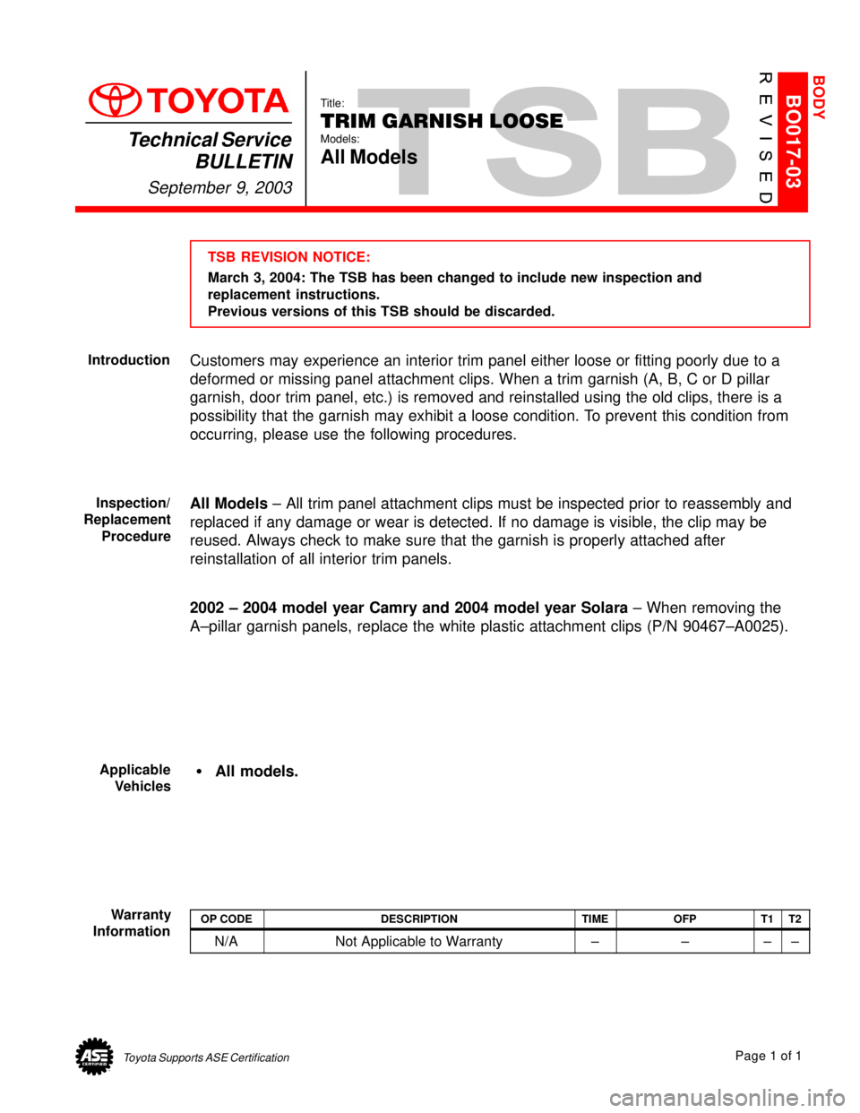 TOYOTA CAMRY 1999  Service Repair Manual Toyota Supports ASE CertificationPage 1 of 1
BO017-03Title:
TRIM GARNISH LOOSE
Models:
All Models
Technical Service
BULLETIN
September 9, 2003
  
TSB REVISION NOTICE:
March 3, 2004: The TSB has been c