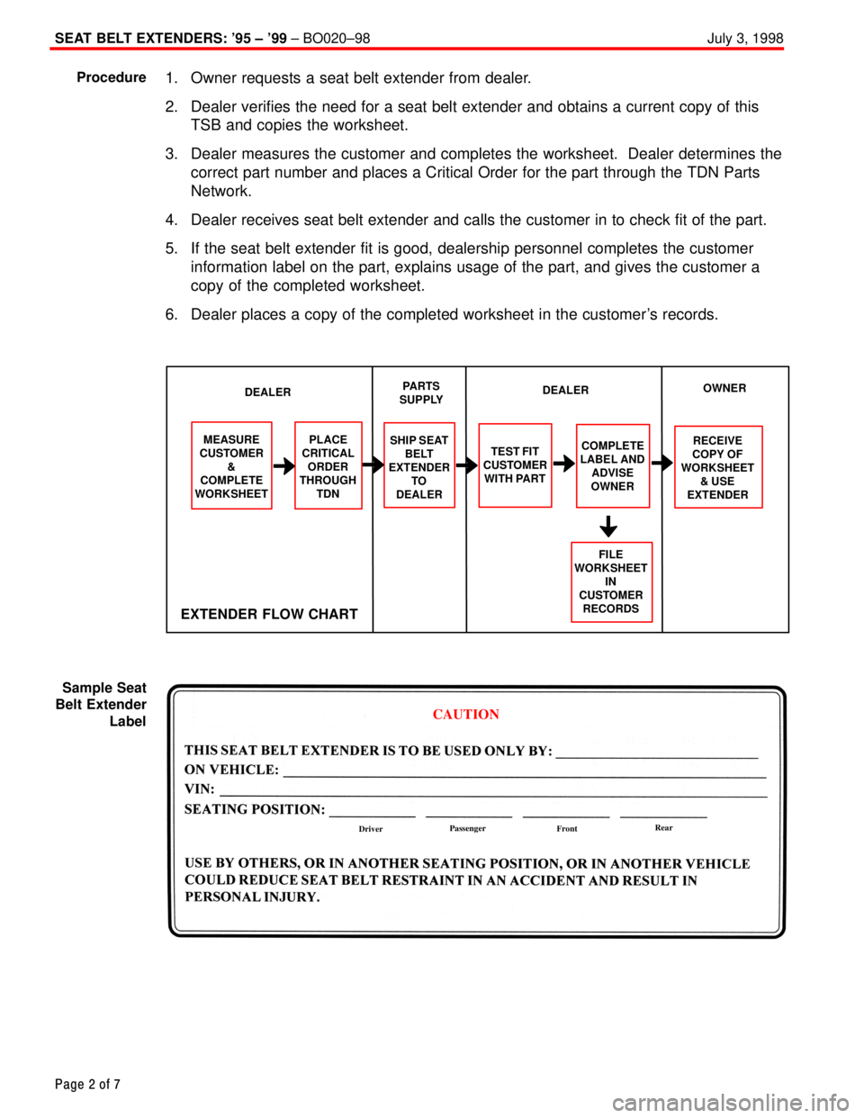 TOYOTA CAMRY 1999  Service Repair Manual SEAT BELT EXTENDERS: 95 ± 99 ± BO020±98 July 3, 1998
Page 2 of 7
1. Owner requests a seat belt extender from dealer.
2. Dealer verifies the need for a seat belt extender and obtains a current cop