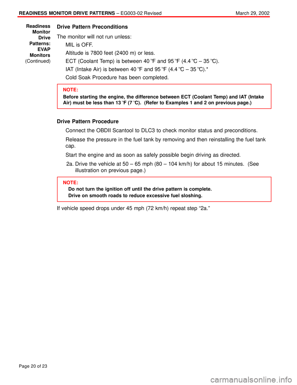 TOYOTA CAMRY 1999  Service Repair Manual READINESS MONITOR DRIVE PATTERNS ± EG003-02 RevisedMarch 29, 2002
Page 20 of 23
Drive Pattern Preconditions
The monitor will not run unless:
MIL is OFF.
Altitude is 7800 feet (2400 m) or less.
ECT