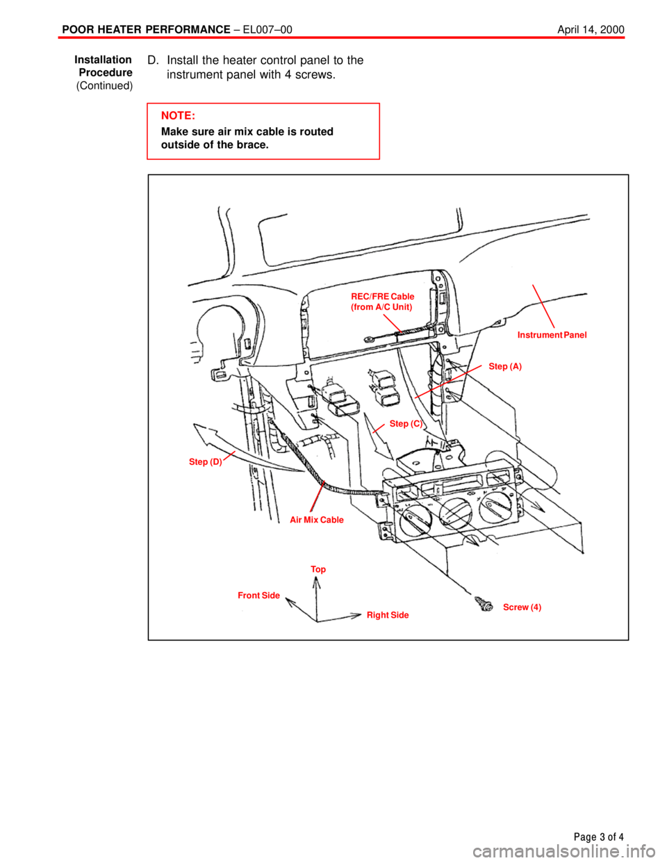 TOYOTA CAMRY 1999 Service Repair Manual POOR HEATER PERFORMANCE ± EL007±00 April 14, 2000
Page 3 of 4
D. Install the heater control panel to the
instrument panel with 4 screws.
NOTE:
Make sure air mix cable is routed
outside of the brace. TOYOTA CAMRY 1999 Service Repair Manual POOR HEATER PERFORMANCE ± EL007±00 April 14, 2000
Page 3 of 4
D. Install the heater control panel to the
instrument panel with 4 screws.
NOTE:
Make sure air mix cable is routed
outside of the brace.