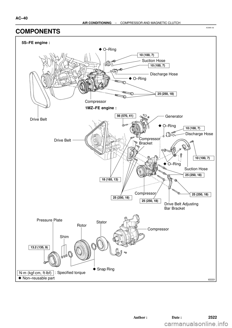 TOYOTA CAMRY 1999  Service Service Manual AC0M5±02
I03331
5S±FE engine :
Drive BeltCompressor O±Ring
Suction Hose
Discharge Hose
10 (100, 7)
10 (100, 7)
 O±Ring
25 (250, 18)
1MZ±FE engine :
 O±Ring
Drive Belt
Drive Belt Adjusting
Bar