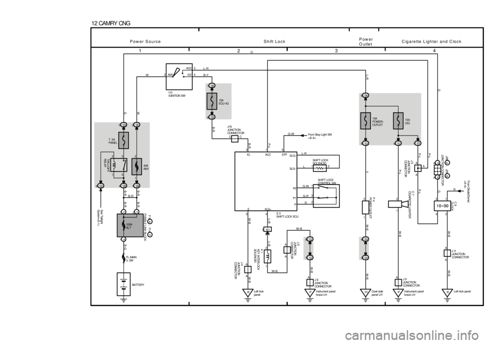 TOYOTA CAMRY 1999 Service Repair Manual 1
234
12 CAMRY CNG
6 1 3
A4 5
J 4
JUNCTI ON
CONNECTOR
J 9
JUNCTI ON
CONNE CT OR From Stop Light SW
<8±4>
W±BW± B G± W
W± B L±B
W± BL±B P±L
B±R
IF IE5IE1
71J 81J
1 2
A 1A 1F1B 41B1
2F 1 2
5 3 TOYOTA CAMRY 1999 Service Repair Manual 1
234
12 CAMRY CNG
6 1 3
A4 5
J 4
JUNCTI ON
CONNECTOR
J 9
JUNCTI ON
CONNE CT OR From Stop Light SW
<8±4>
W±BW± B G± W
W± B L±B
W± BL±B P±L
B±R
IF IE5IE1
71J 81J
1 2
A 1A 1F1B 41B1
2F 1 2
5 3