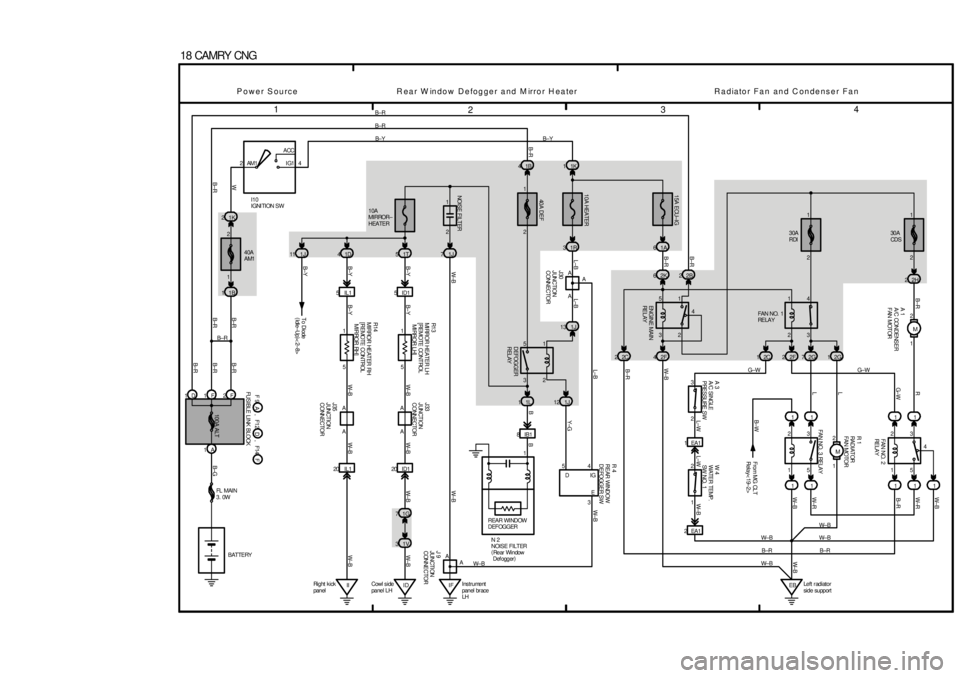 TOYOTA CAMRY 1999 Service Repair Manual 1
234
18 CAMRY CNG11F2F
1AB± R
B±R
40A
AM1B±R
1B 11K 22ACC
IG1 AM1 4B±Y
L±B
10A
MIRROR±
HEATER
10A HEATER15A ECU±IG
40A DEF
30A
RDI
A30A
CDS
1T 5 1D 41J71R 31A6
2H 2
5IL1 ID15
8IB11L 11J12
1V 3 TOYOTA CAMRY 1999 Service Repair Manual 1
234
18 CAMRY CNG11F2F
1AB± R
B±R
40A
AM1B±R
1B 11K 22ACC
IG1 AM1 4B±Y
L±B
10A
MIRROR±
HEATER
10A HEATER15A ECU±IG
40A DEF
30A
RDI
A30A
CDS
1T 5 1D 41J71R 31A6
2H 2
5IL1 ID15
8IB11L 11J12
1V 3