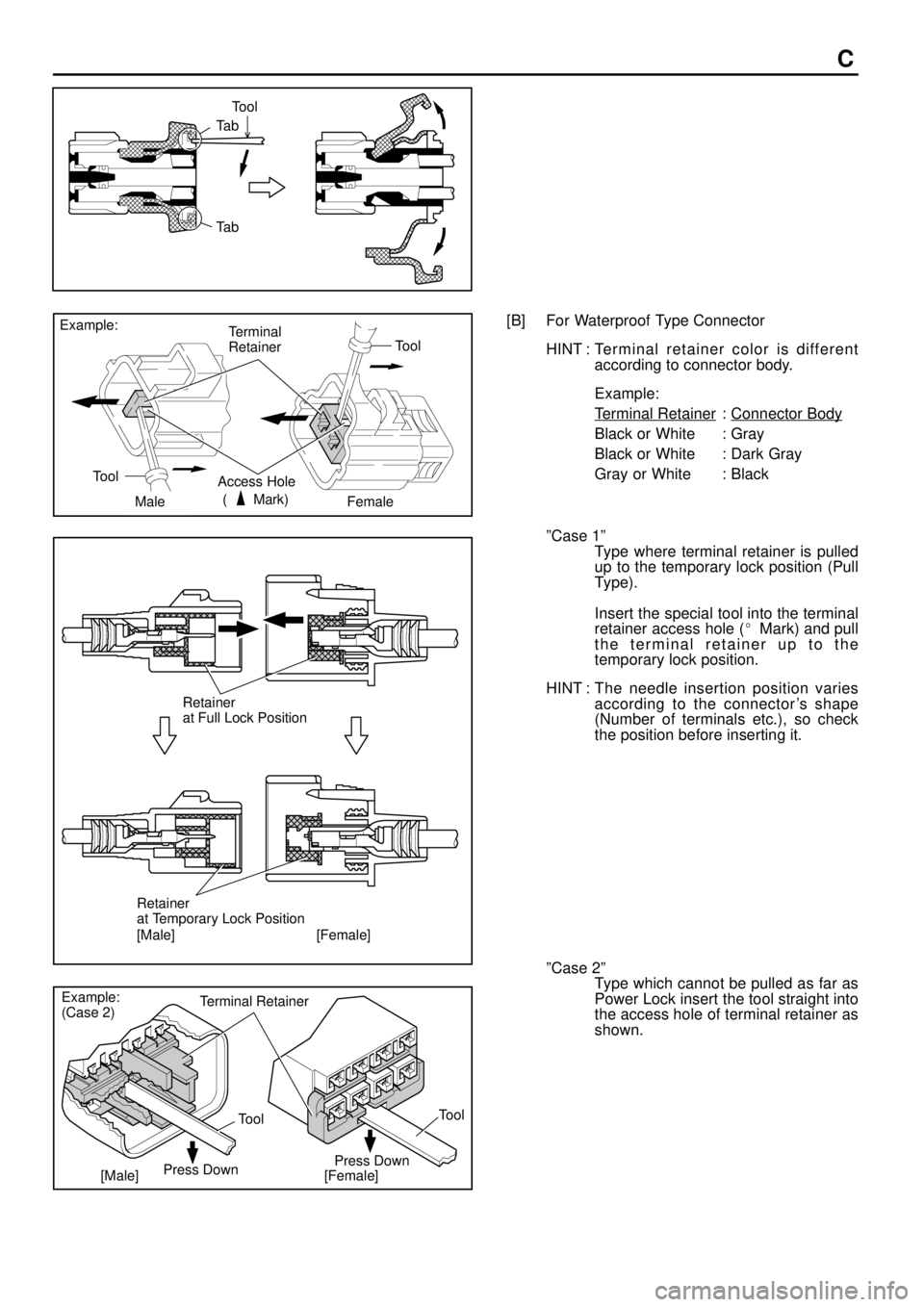 TOYOTA CAMRY 1999  Service Repair Manual Tool
Ta b
Ta b
Terminal
Retainer
Access Hole
(       Mark)Tool
Tool
Female Example:
Male
[Male] [Female]Retainer
at Full Lock Position
Retainer
at Temporary Lock Position
Terminal Retainer
[Male]Press
