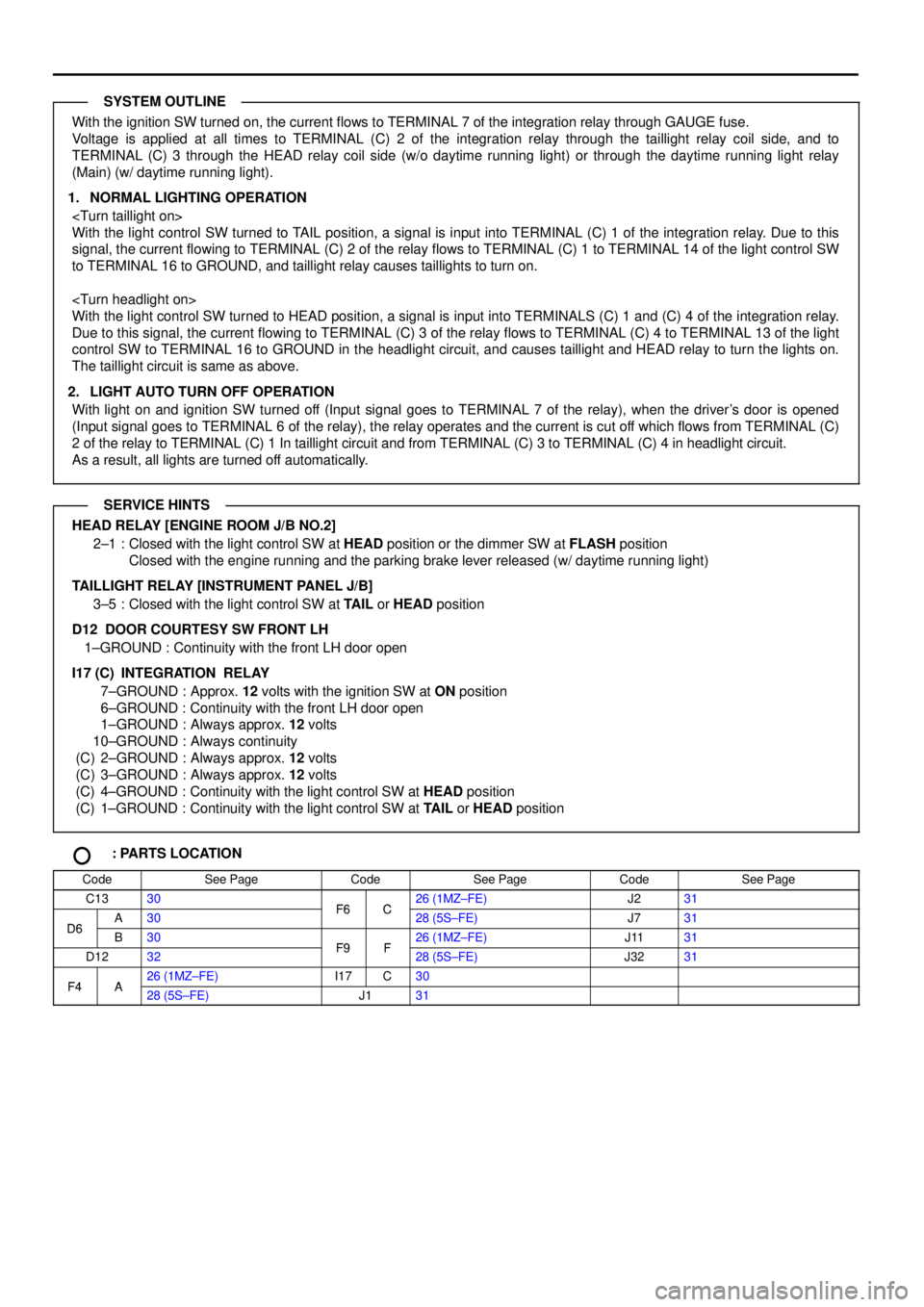 TOYOTA CAMRY 1999  Service Repair Manual With the ignition SW turned on, the current flows to TERMINAL 7 of the integration relay through GAUGE fuse.
Voltage is applied at all times to TERMINAL (C) 2 of the integration relay through the tail