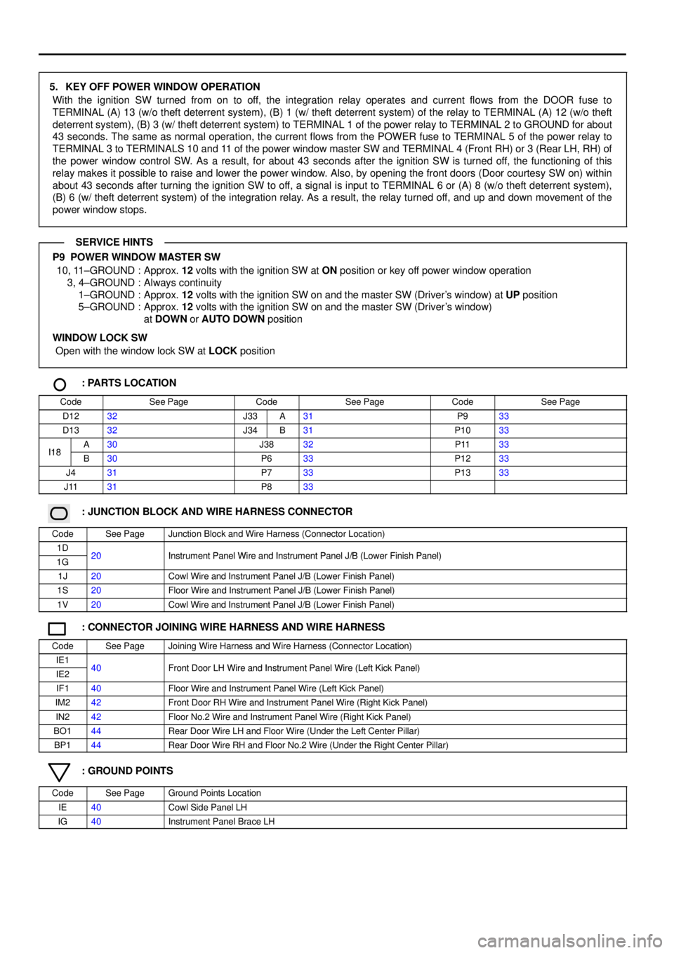 TOYOTA CAMRY 1999  Service Repair Manual 5. KEY OFF POWER WINDOW OPERATION
With the ignition SW turned from on to off, the integration relay operates and current flows from the DOOR fuse to
TERMINAL (A) 13 (w/o theft deterrent system), (B) 1