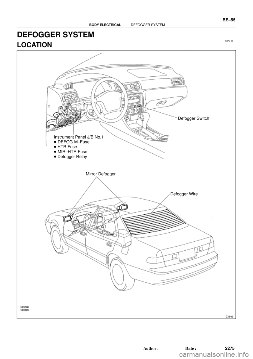 TOYOTA CAMRY 1999  Service Repair Manual BE0AL±03
Z19051
Defogger Switch
Instrument Panel J/B No.1
 DEFOG M±Fuse
 HTR Fuse
 MIR±HTR Fuse
 Defogger Relay
Mirror Defogger
Defogger Wire
± BODY ELECTRICALDEFOGGER SYSTEM
BE±55
2275 Autho