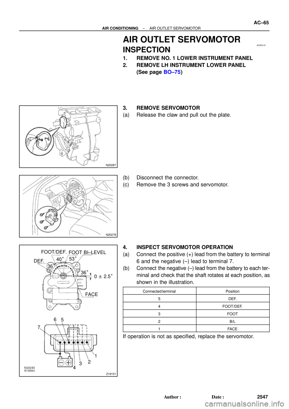 TOYOTA CAMRY 1999  Service Manual PDF AC223±01
N20287
N20278
Z19151
DEF.FOOT/DEF.
FOOT BI±LEVEL
FACE
1
2
3
4 5 6
736°
0 ± 2.5° 36° 40°53°
± AIR CONDITIONINGAIR OUTLET SERVOMOTOR
AC±65
2547 Author: Date:
AIR OUTLET SERVOMOTOR
I