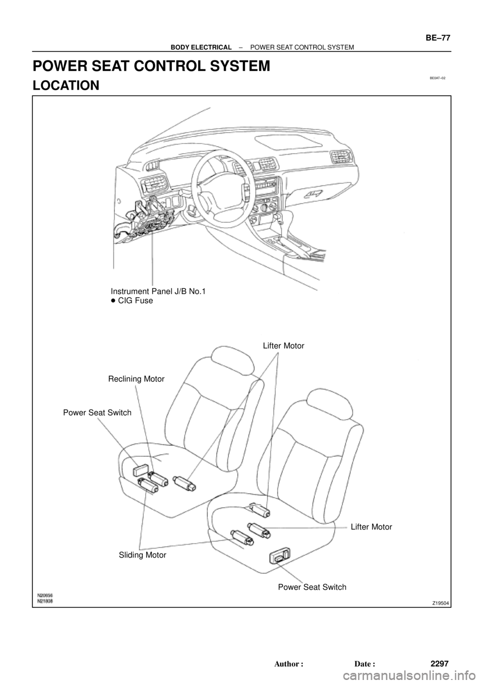 TOYOTA CAMRY 1999  Service Repair Manual BE0AT±02
Z19504
Instrument Panel J/B No.1
 CIG Fuse
Lifter Motor
Power Seat SwitchReclining Motor
Lifter Motor
Sliding Motor
Power Seat Switch
± BODY ELECTRICALPOWER SEAT CONTROL SYSTEM
BE±77
2297