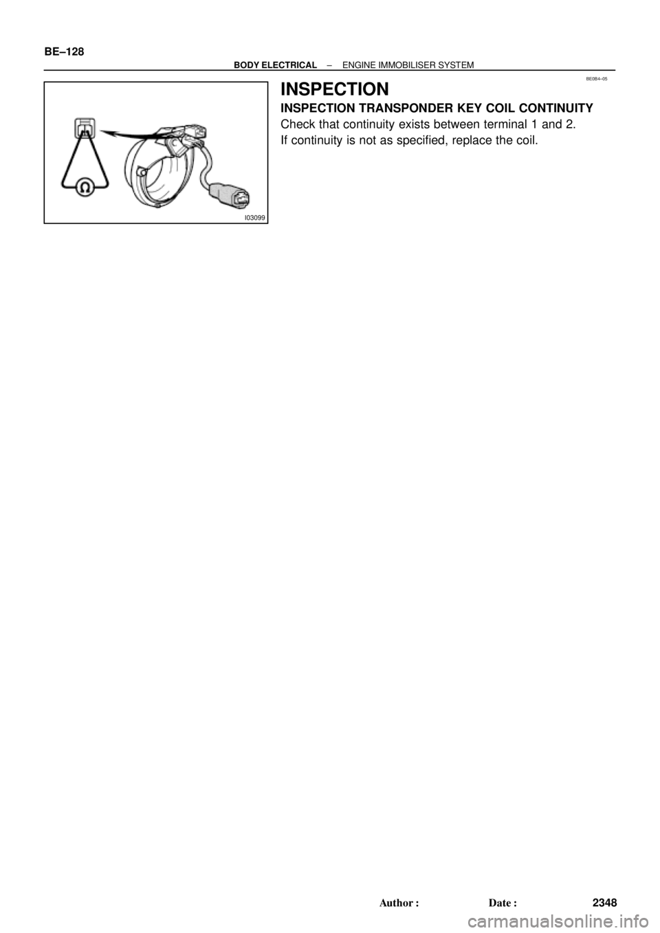 TOYOTA CAMRY 1999  Service Repair Manual I03099
BE0B4±05
BE±128
± BODY ELECTRICALENGINE IMMOBILISER SYSTEM
2348 Author: Date:
INSPECTION
INSPECTION TRANSPONDER KEY COIL CONTINUITY
Check that continuity exists between terminal 1 and 2.
I