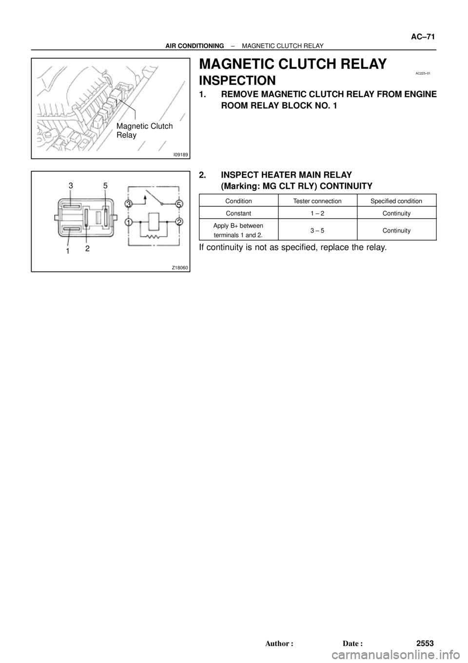 TOYOTA CAMRY 1999  Service Manual PDF I09189
Magnetic Clutch
Relay
AC225±01
Z18060
35
1212 3
5
± AIR CONDITIONINGMAGNETIC CLUTCH RELAY
AC±71
2553 Author: Date:
MAGNETIC CLUTCH RELAY
INSPECTION
1. REMOVE MAGNETIC CLUTCH RELAY FROM ENG