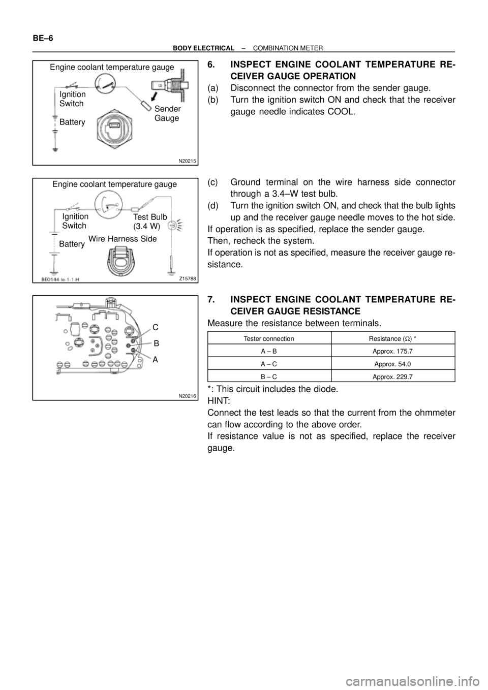 TOYOTA CAMRY 1999  Service Repair Manual N20215
Engine coolant temperature gauge
Ignition
Switch
BatterySender
Gauge
Z15788
Engine coolant temperature gauge
Ignition
Switch
BatteryWire Harness SideTest Bulb
(3.4 W)
N20216
C
B
A BE±6
± BODY