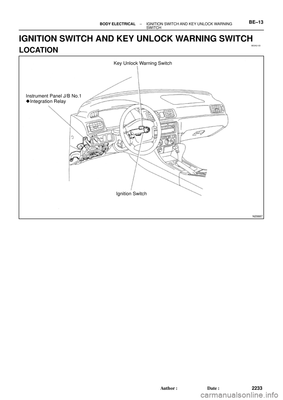 TOYOTA CAMRY 1999  Service Repair Manual BE0A2±03
N20687
Key Unlock Warning Switch
Instrument Panel J/B No.1
 Integration Relay
Ignition Switch
± BODY ELECTRICALIGNITION SWITCH AND KEY UNLOCK WARNING 
SWITCHBE±13
2233 Author: Date:
IGN