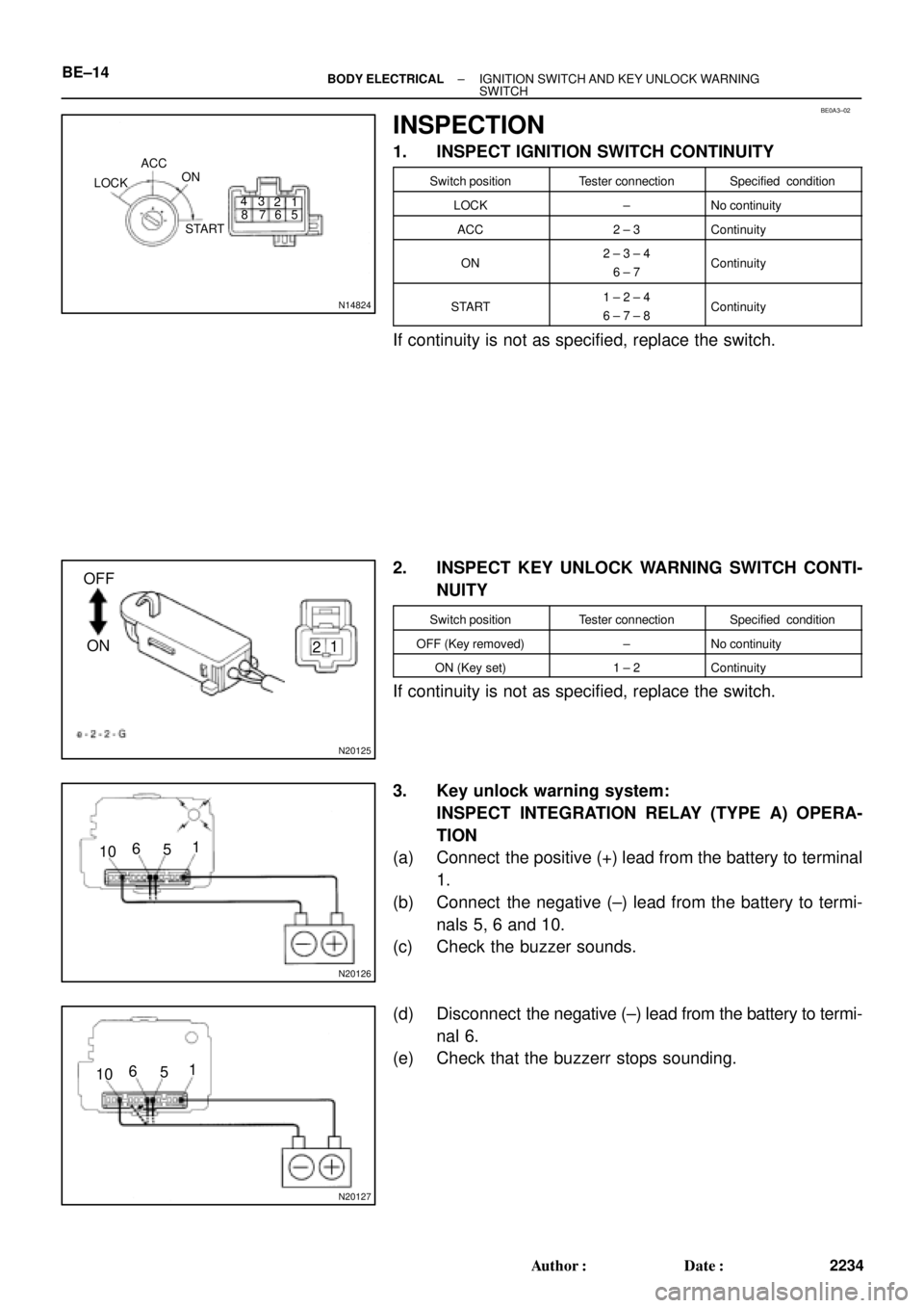 TOYOTA CAMRY 1999  Service Repair Manual BE0A3±02
N14824
LOCKACC
ON
1 3 4
5 76 8
START2
N20125
OFF
ON
1
2
N20126
101
6
5
N20127
101
6
5 BE±14
± BODY ELECTRICALIGNITION SWITCH AND KEY UNLOCK WARNING 
SWITCH
2234 Author: Date:
INSPECTION
