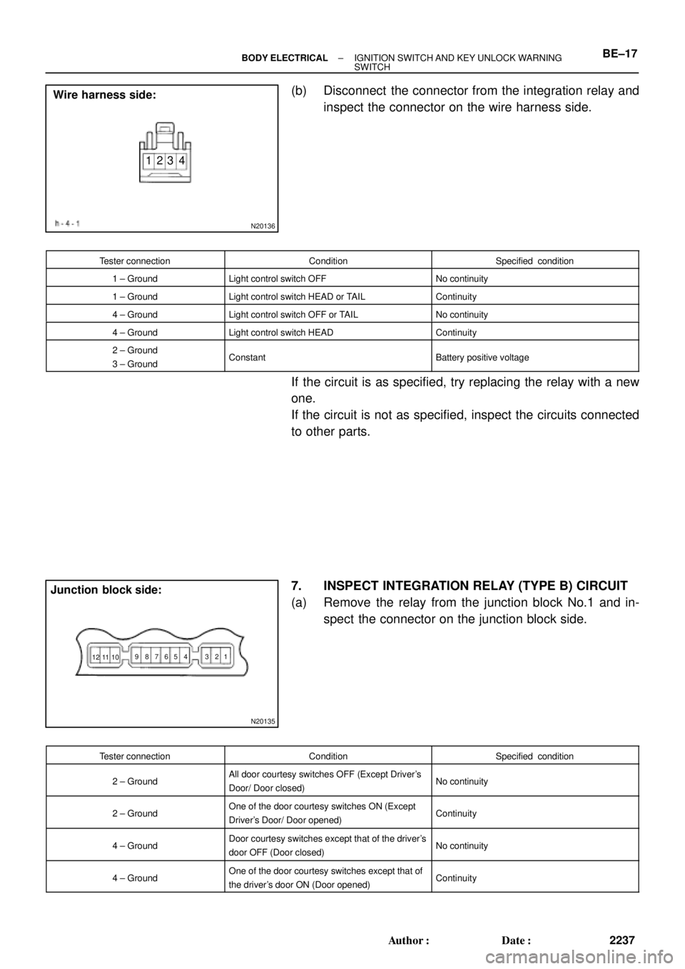 TOYOTA CAMRY 1999  Service Repair Manual N20136
Wire harness side:
1234
N20135
Junction  block side:
1 2 3 4 5 6 7 8
10 119
12
± BODY ELECTRICALIGNITION SWITCH AND KEY UNLOCK WARNING 
SWITCHBE±17
2237 Author: Date:
(b) Disconnect  the co