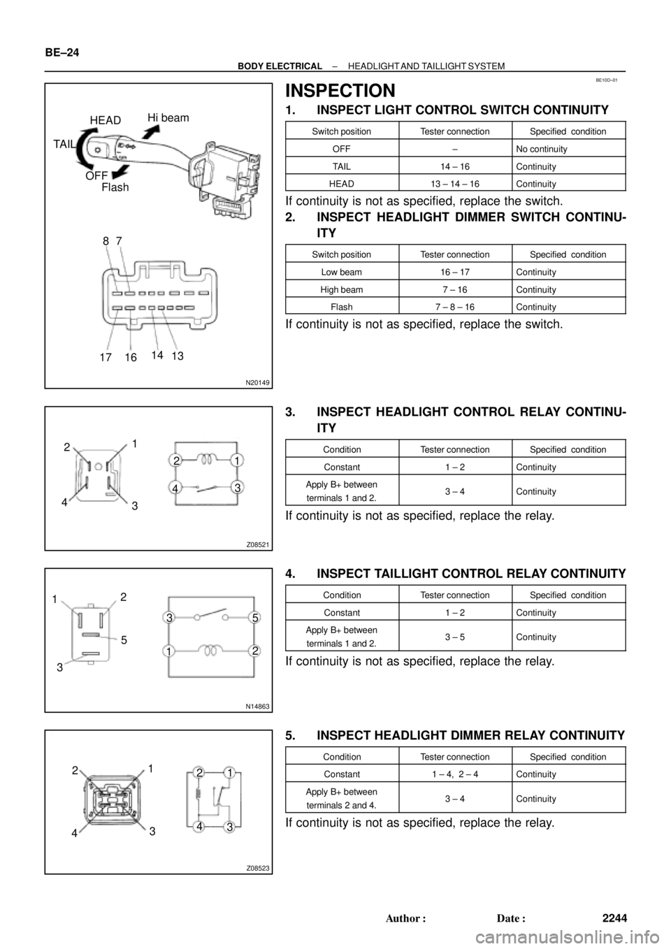 TOYOTA CAMRY 1999  Service Repair Manual BE10D±01
N20149
HEADHi beam
TAIL
OFF
Flash
87
17 1614
13
Z08521
1
2
341 2
43
N14863
12
35
12 35
Z08523
1
2
341 2
43 BE±24
± BODY ELECTRICALHEADLIGHT AND TAILLIGHT  SYSTEM
2244 Author: Date:
INSPE