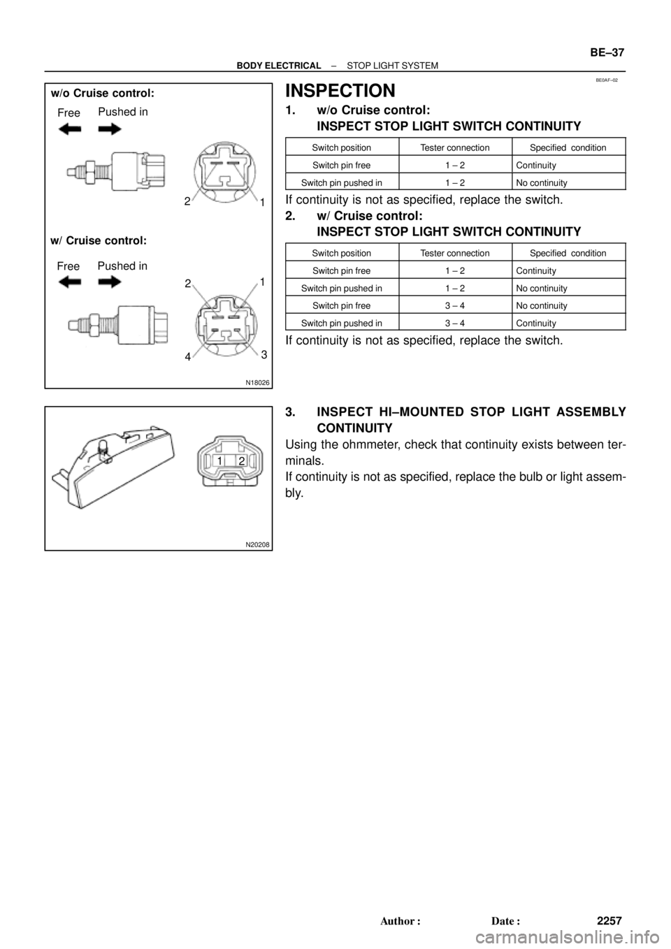 TOYOTA CAMRY 1999  Service Repair Manual BE0AF±02
N18026
FreePushed in
FreePushed in w/o Cruise control:
w/ Cruise control:1 2
3 1
2
4
N20208
1
2
± BODY ELECTRICALSTOP LIGHT SYSTEM
BE±37
2257 Author: Date:
INSPECTION
1. w/o Cruise contr
