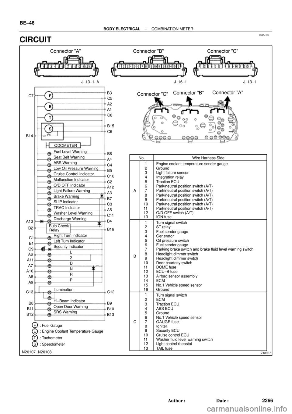 TOYOTA CAMRY 1999  Service Repair Manual BE0AJ±03
Z18937
Connector ºAº Connector ºBº Connector ºCº
Connector ºAº
Connector ºBº
Connector ºCº
J±13±1±A J±16±1 J±13±1
1 2 3 4 5 6 7 8 9 10 11 12 1314 15 16 1 234 56 78 9101112