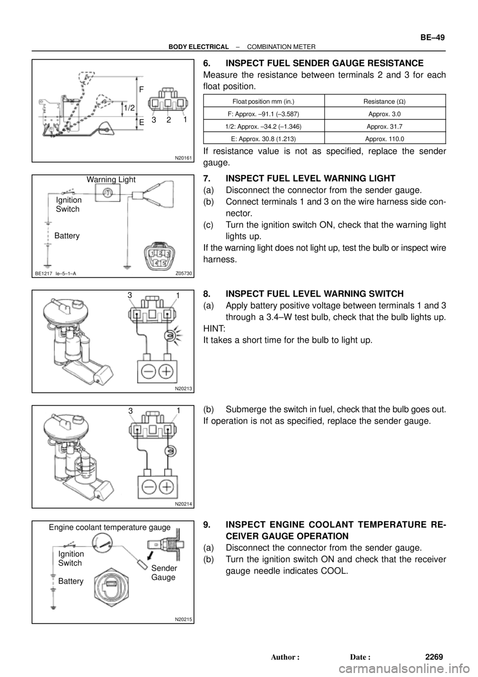 TOYOTA CAMRY 1999  Service Repair Manual N20161
F
1/2
E1
2 3
Z05730 1
3
42
5
BE1217 Ie±5±1±A
BatteryWarning Light
Ignition
Switch
N20213
1 3
N20214
1
3
N20215
Engine coolant temperature gauge
Ignition
Switch
BatterySender
Gauge
± BODY EL