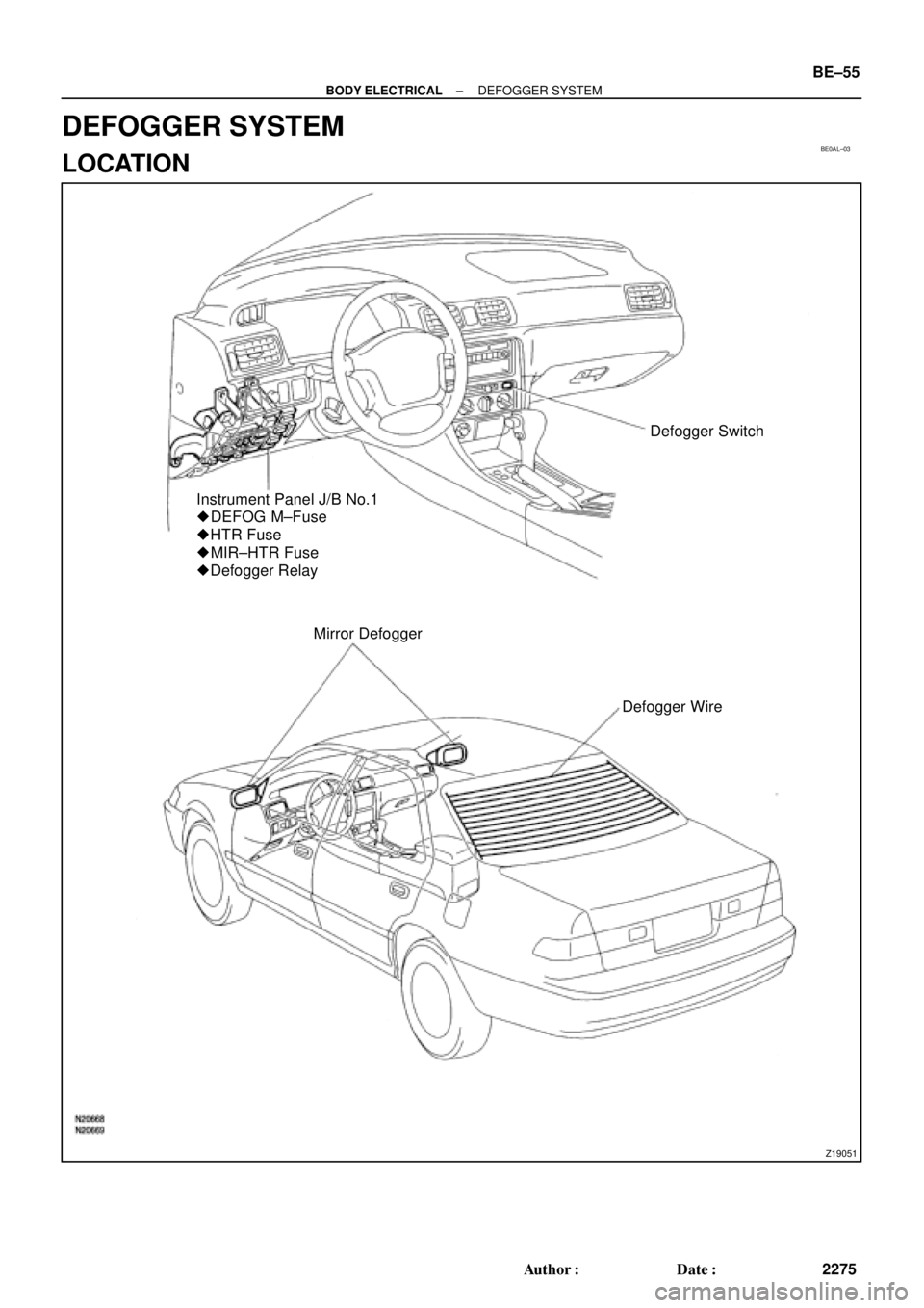 TOYOTA CAMRY 1999  Service Repair Manual BE0AL±03
Z19051
Defogger Switch
Instrument Panel J/B No.1
 DEFOG M±Fuse
 HTR Fuse
 MIR±HTR Fuse
 Defogger Relay
Mirror Defogger
Defogger Wire
± BODY ELECTRICALDEFOGGER SYSTEM
BE±55
2275 Autho